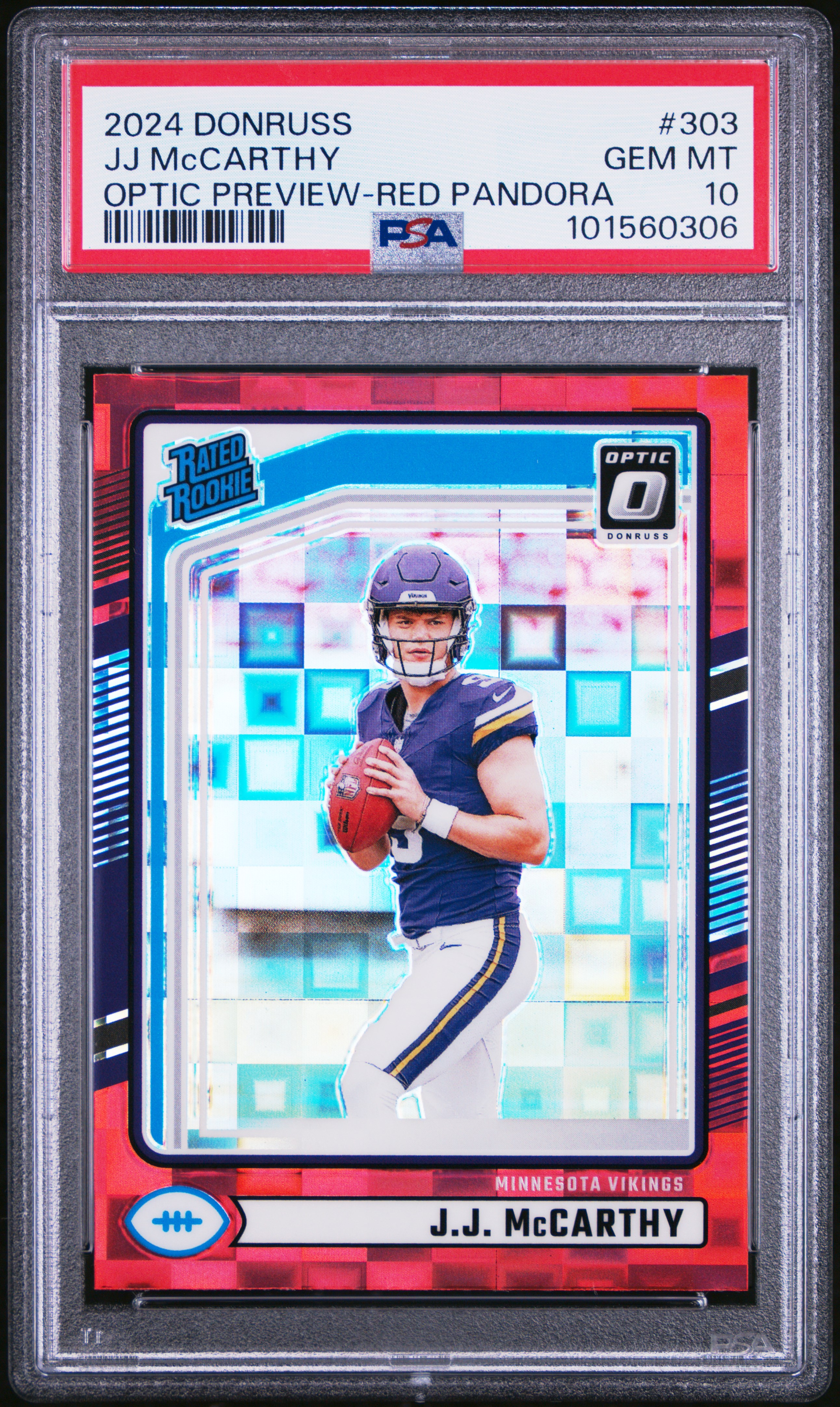 2024 Panini Donruss Jj Mccarthy #303 (Optic Preview-Red Pandora) Gem Mt 10 front