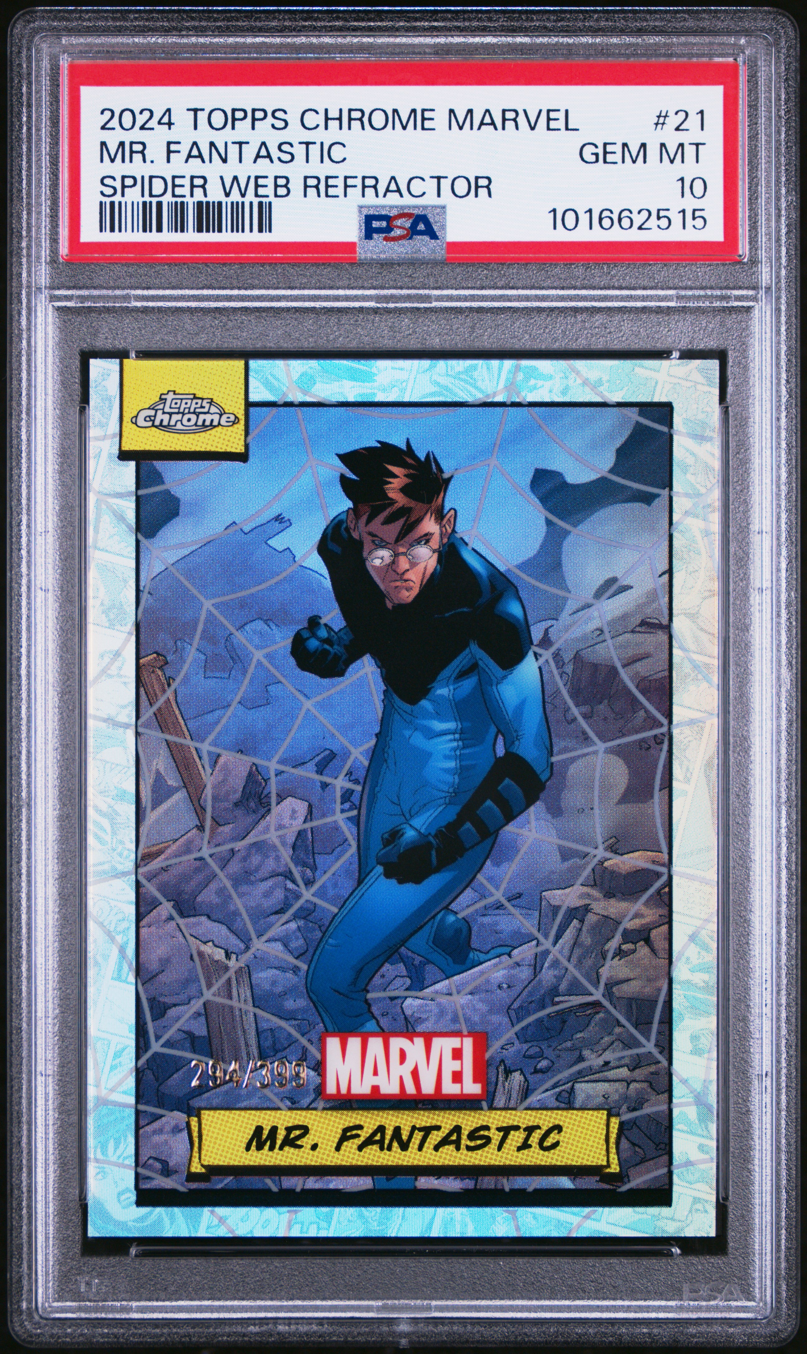 2024 Topps Chrome Marvel Mr. Fantastic #21 (Spider Web Refractor) Gem Mt 10 front