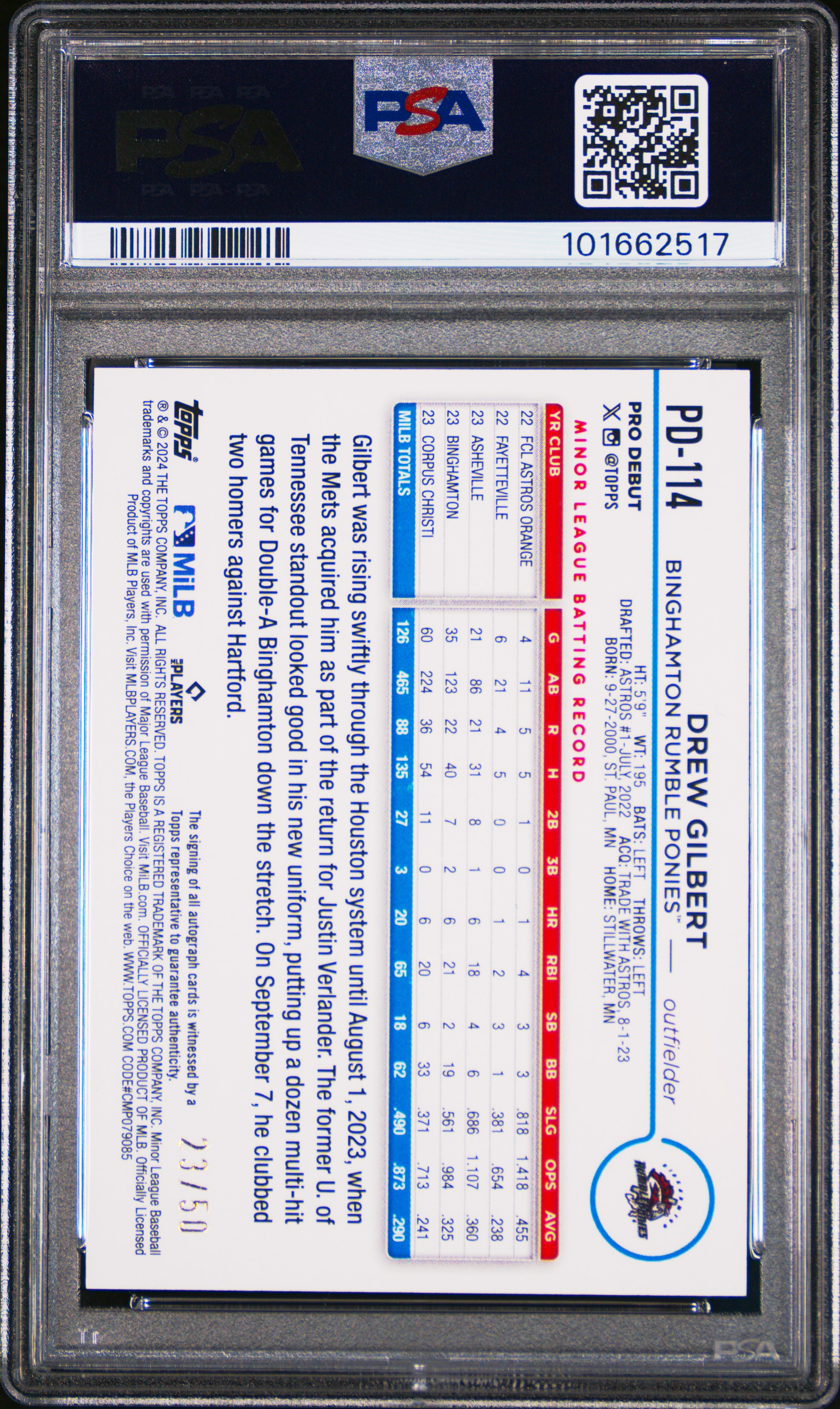 2024 Topps Pro Debut Drew Gilbert #Pd114 (Autograph-Gold Foil) Mint 9 back