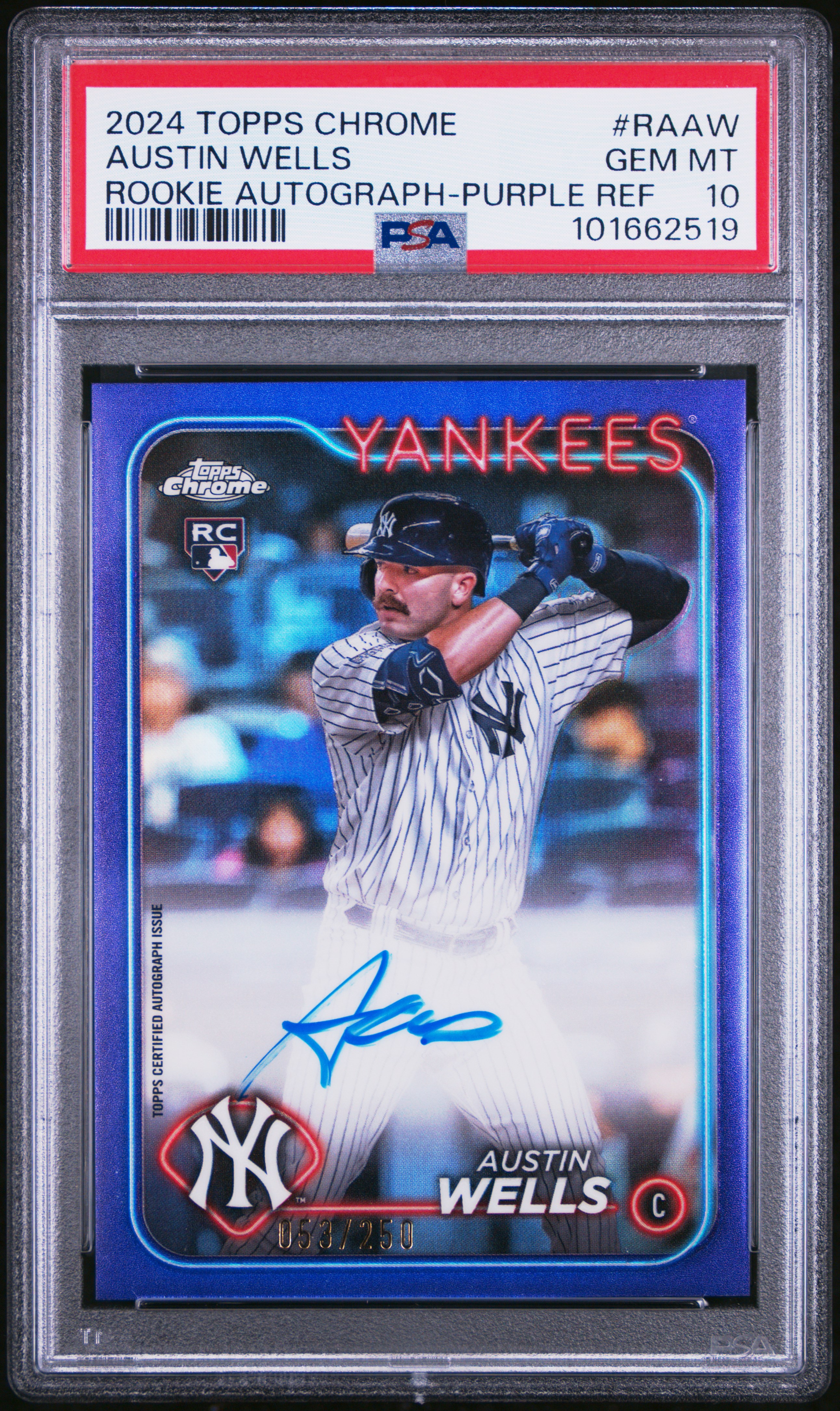 2024 Topps Chrome Rookie Autographs Austin Wells #Raaw (Rookie Autograph-Purple Ref) Gem Mt 10 front