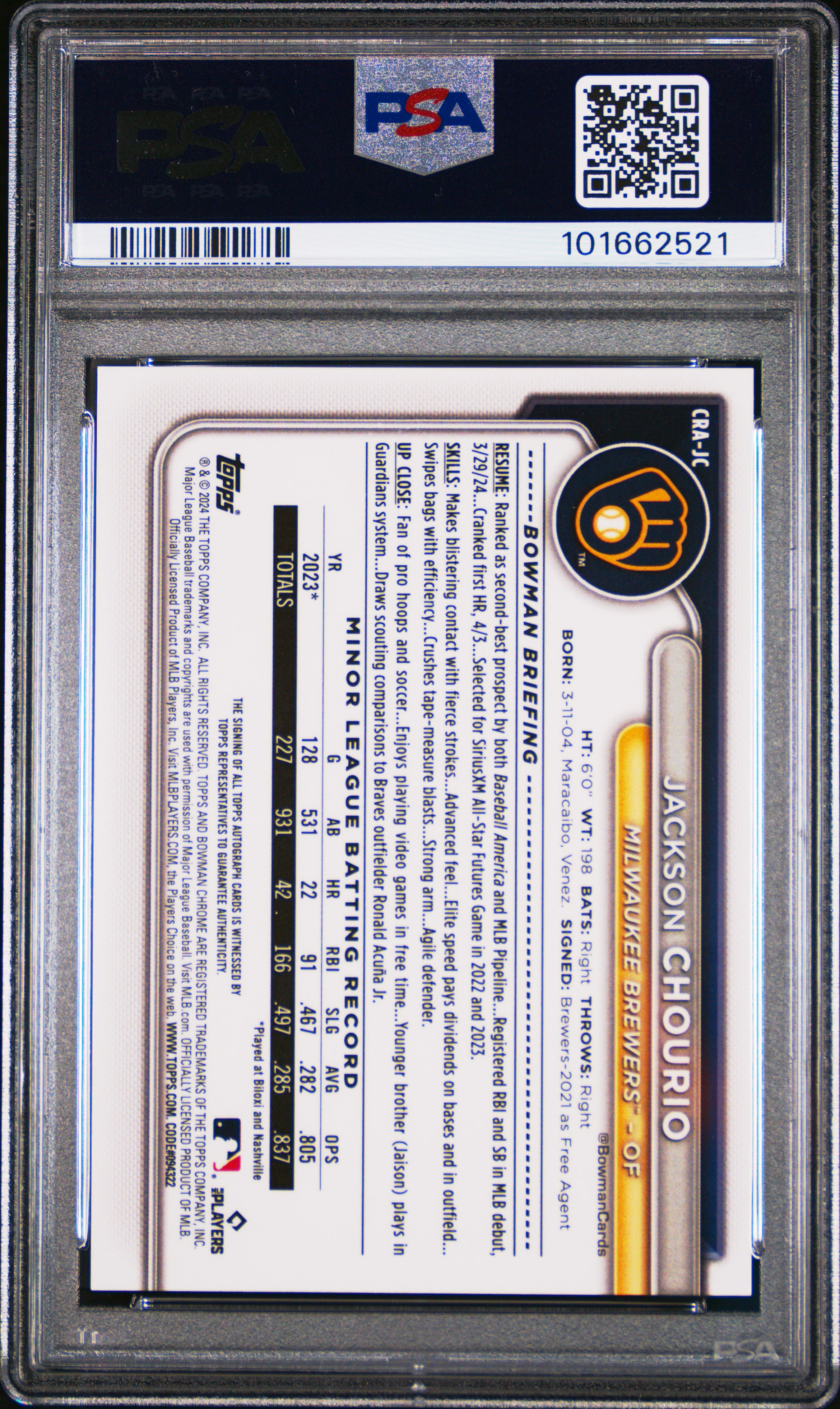 2024 Bowman Chrome Mega Box Mega Chrome Rookie Autographs Jackson Chourio #Jc Gem Mt 10 back