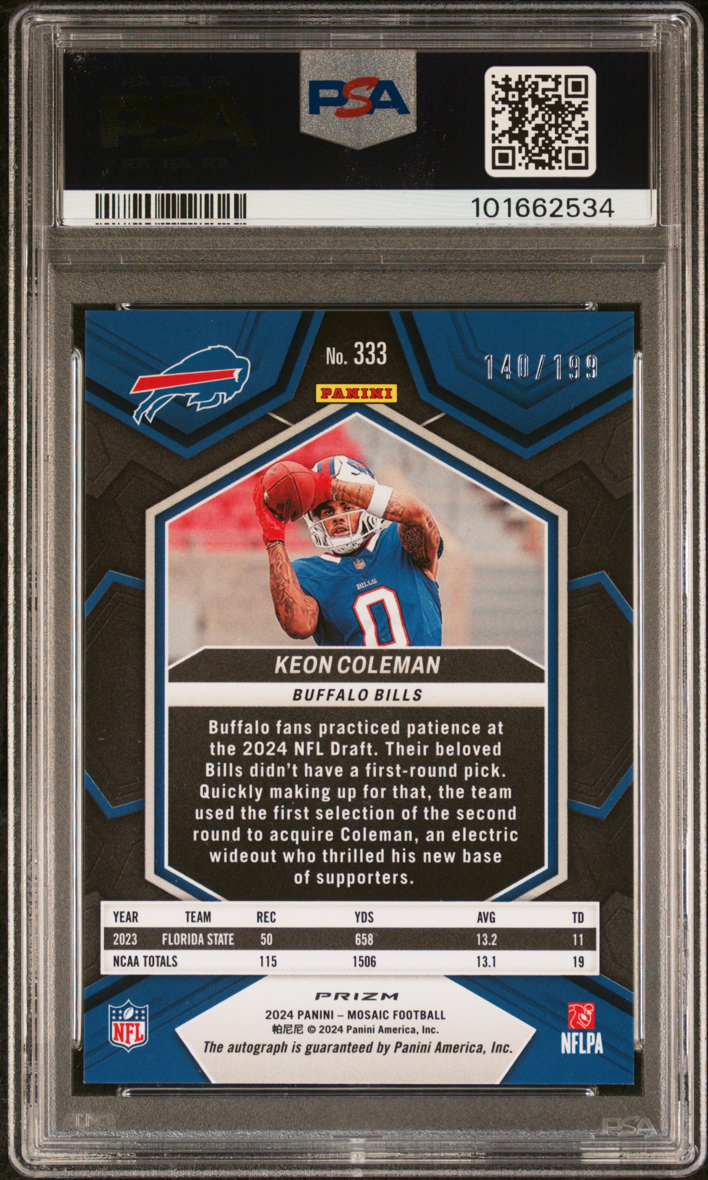 2024 Panini Mosaic Keon Coleman #333 (Autograph-Red) Gem Mt 10 back