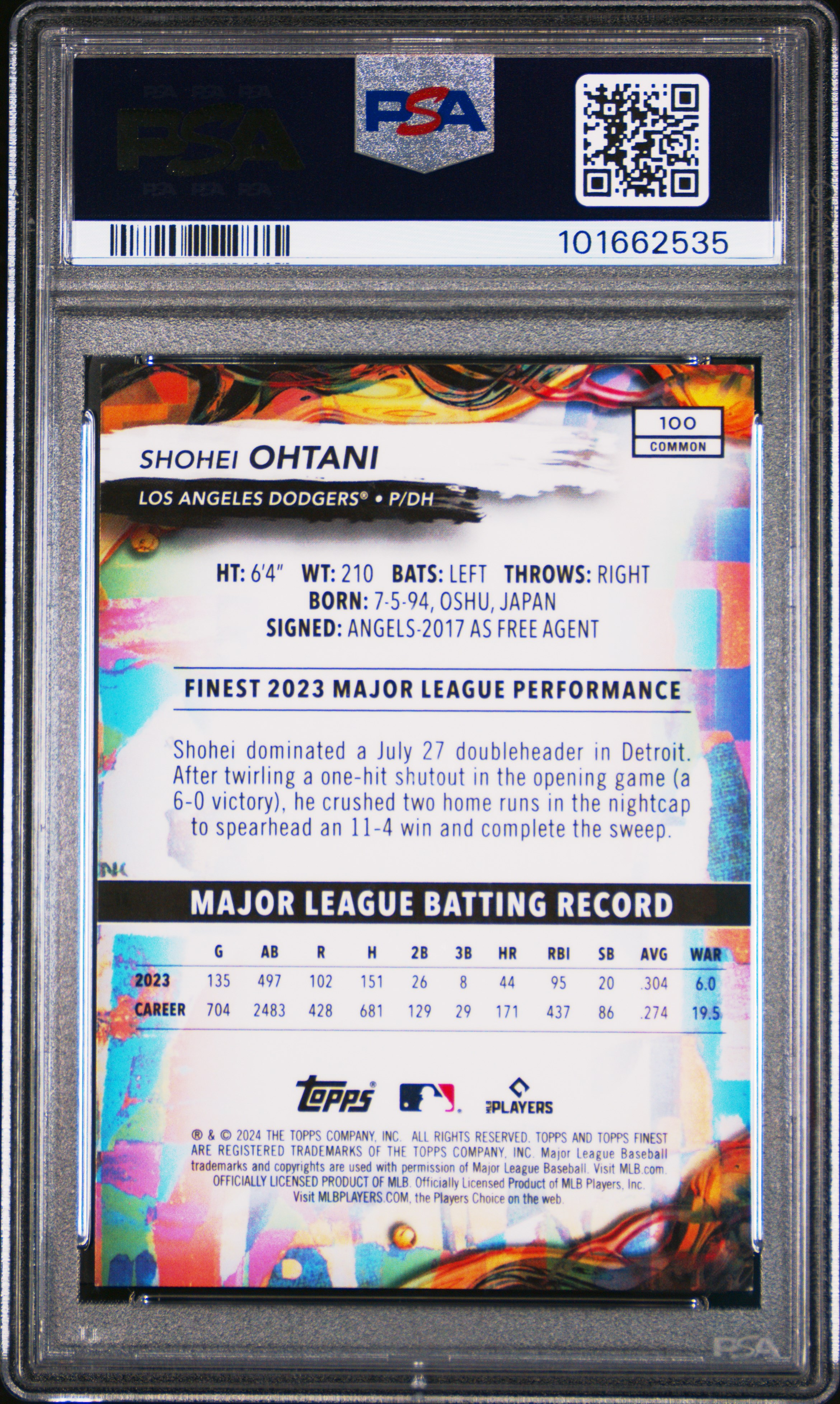 2024 Topps Finest Shohei Ohtani #100 (Sky Blue Refractor) Mint 9 back