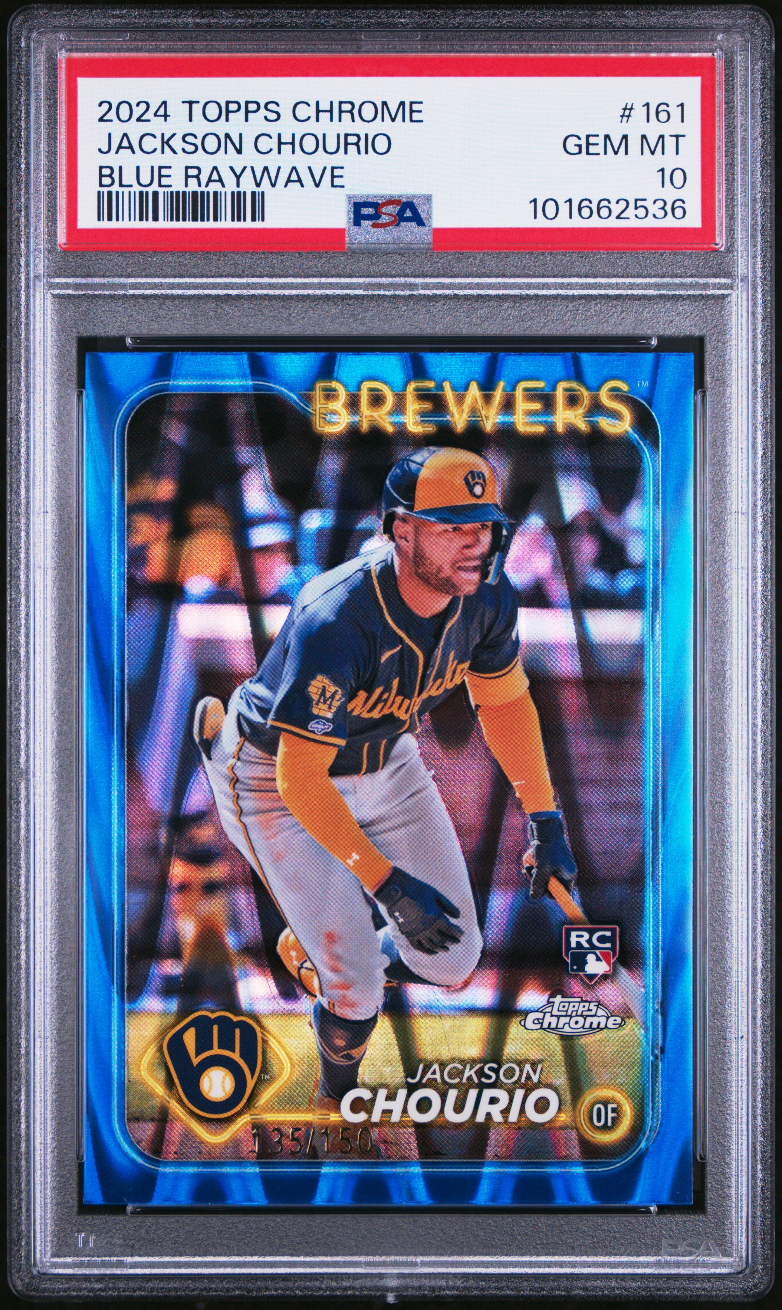 2024 Topps Chrome Jackson Chourio #161 (Blue Raywave) Gem Mt 10 front