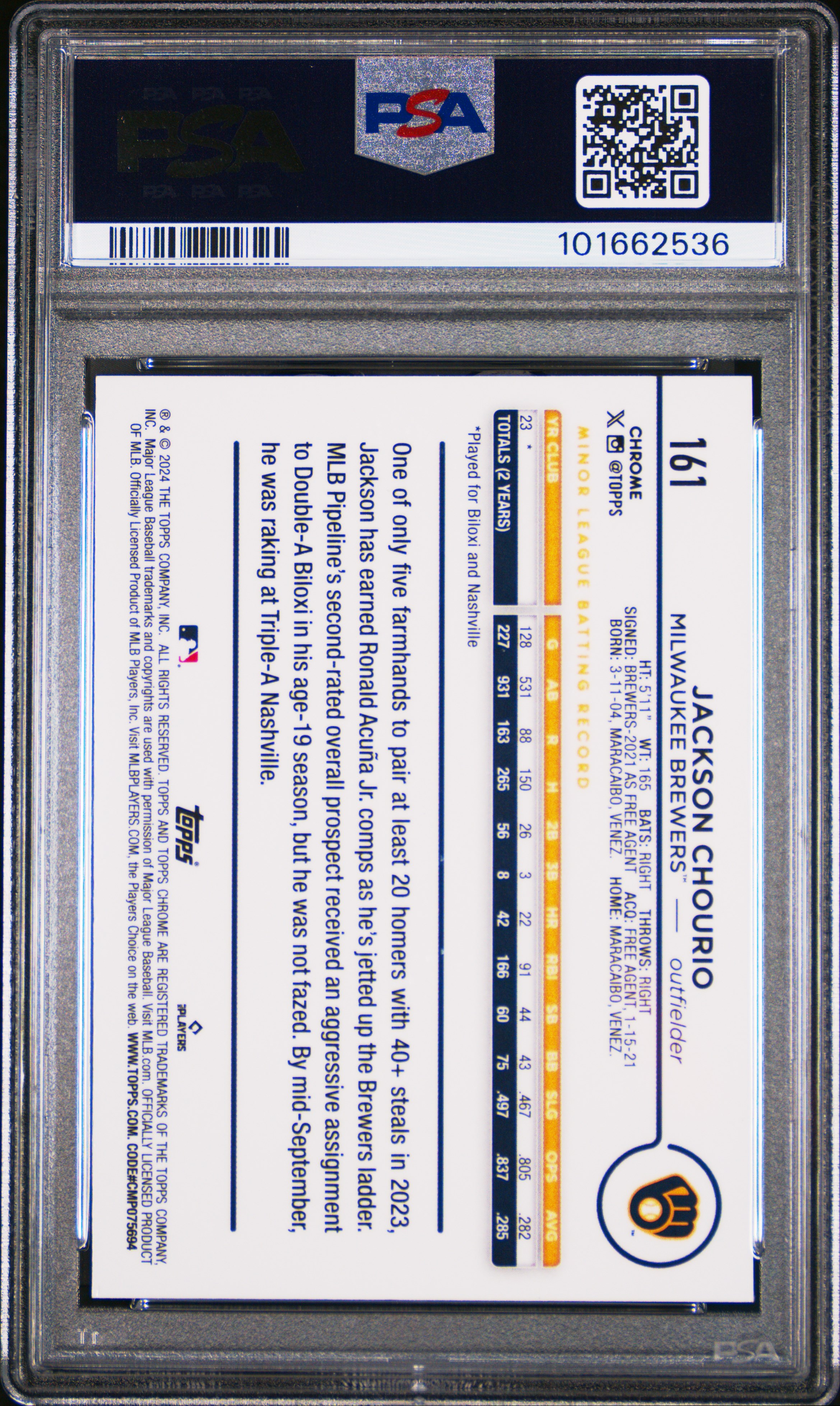 2024 Topps Chrome Jackson Chourio #161 (Blue Raywave) Gem Mt 10 back