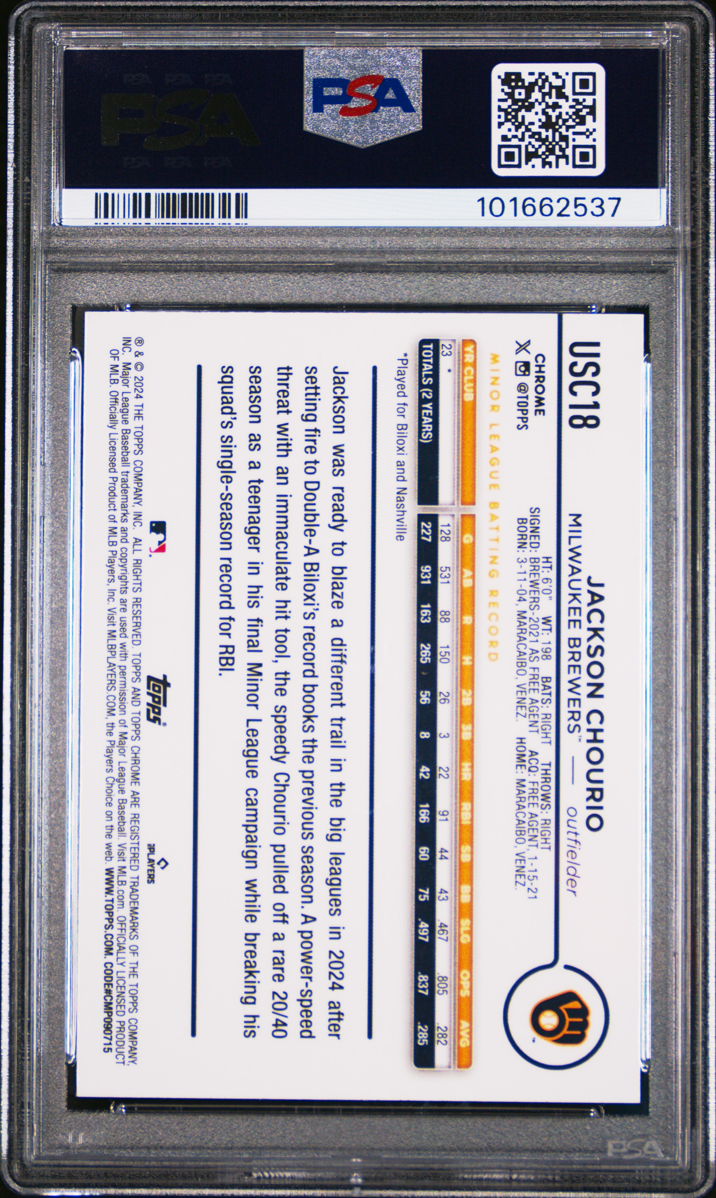 2024 Topps Chrome Update Jackson Chourio #Usc18 (Raywave Refractor) Gem Mt 10 back