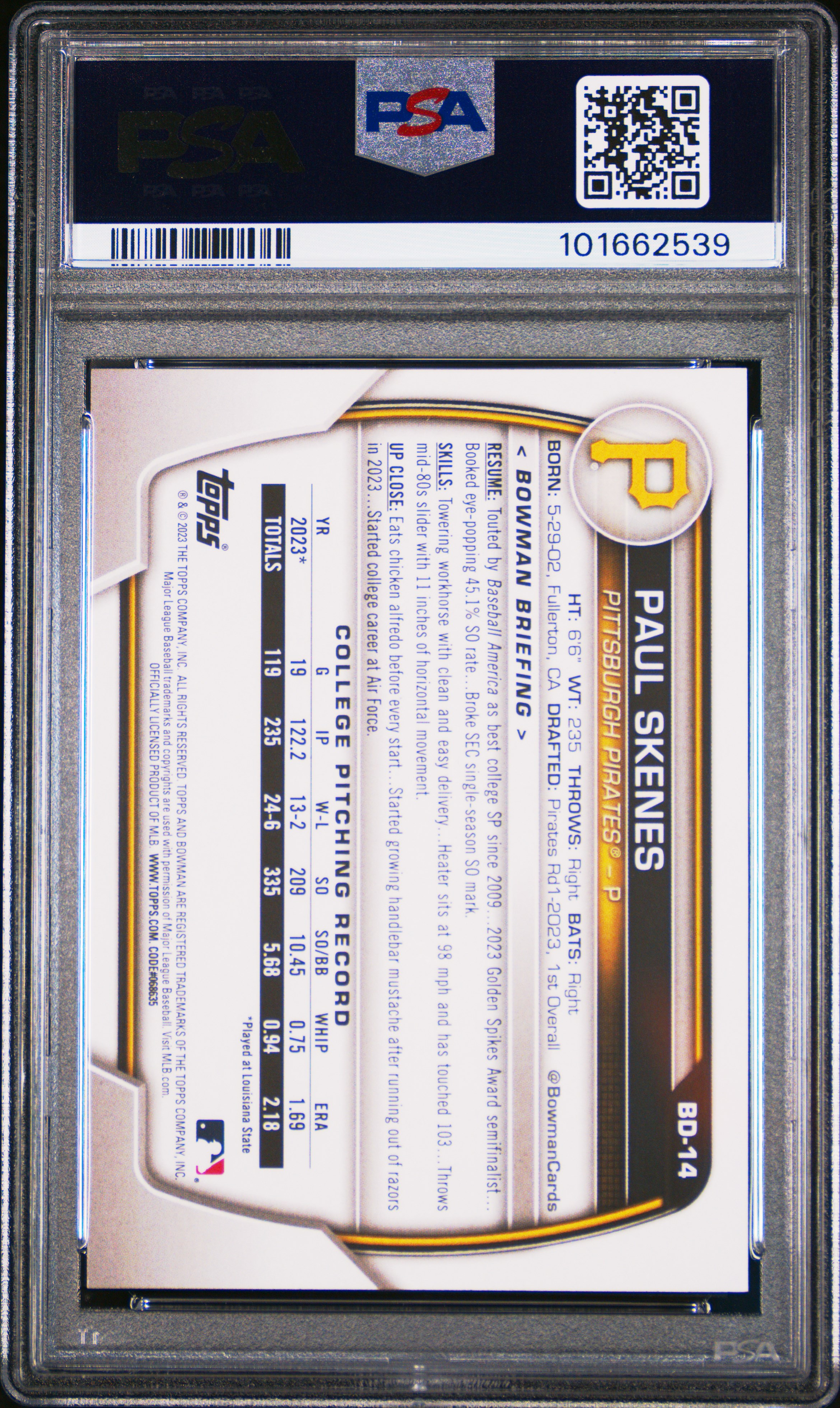 2023 Bowman Draft Paul Skenes #Bd14 Mint 9 back