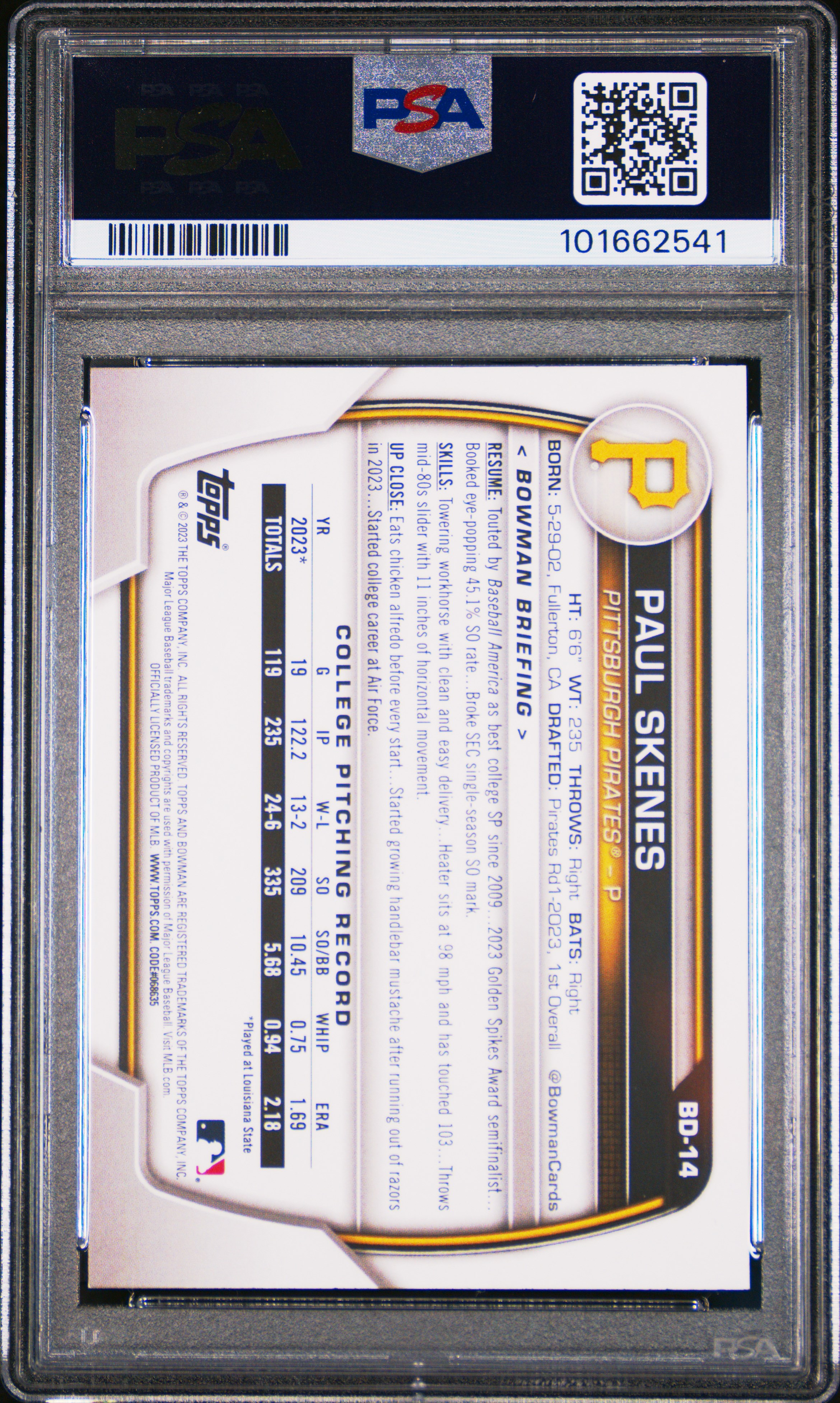 2023 Bowman Draft Paul Skenes #Bd14 Nm-Mt 8 back