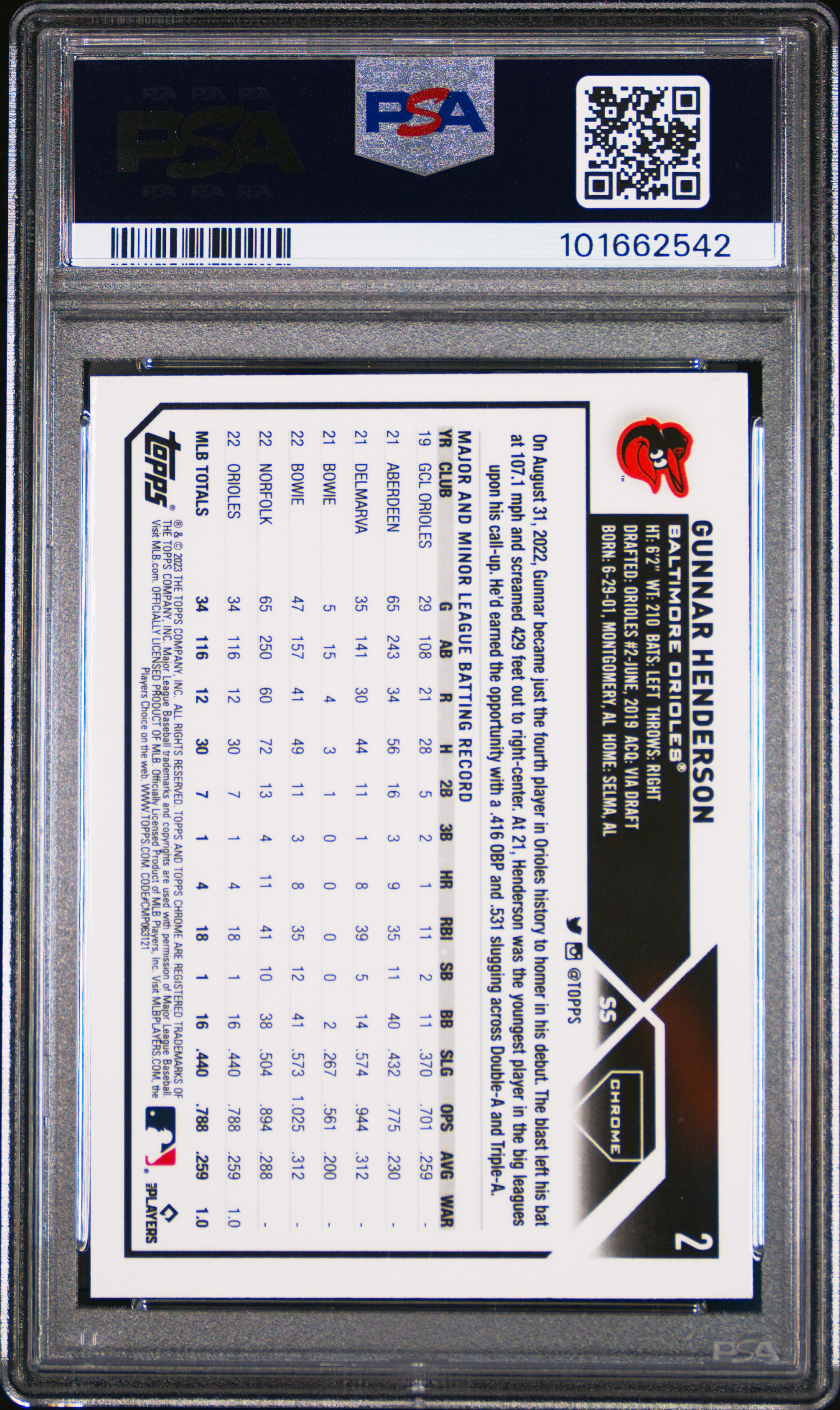 2023 Topps Chrome Gunnar Henderson #2 Gem Mt 10 back