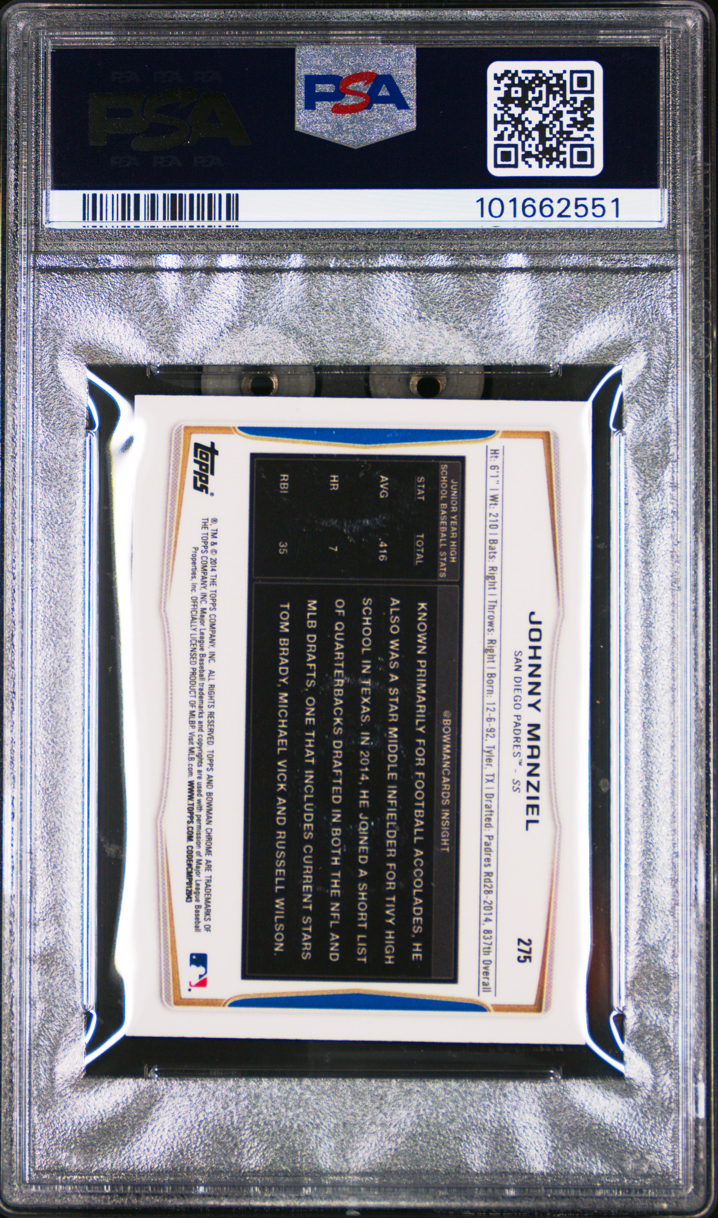 2014 Bowman Chrome Mini Johnny Manziel #275 (Mini-Black Shimmer Ref.) Gem Mt 10 back