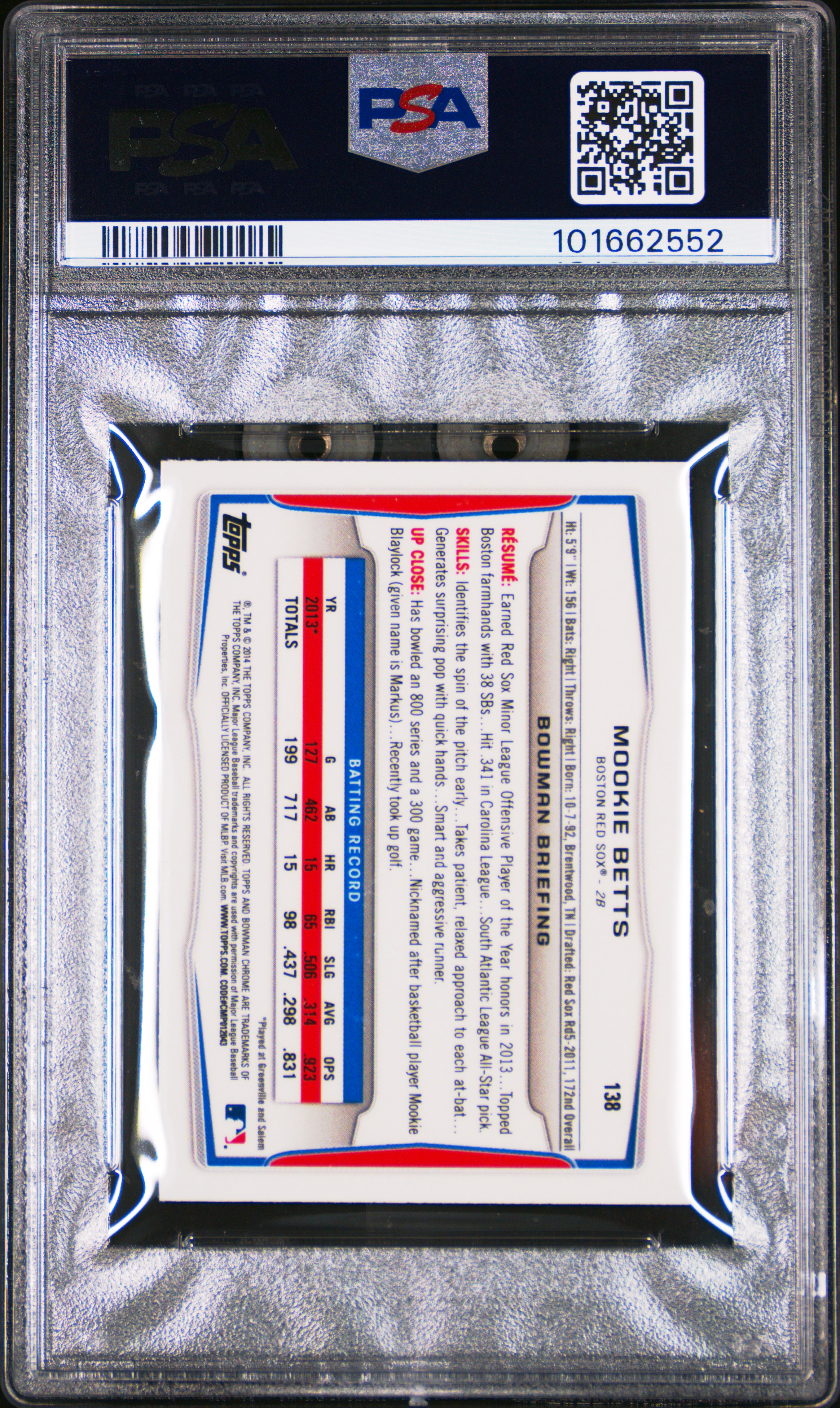 2014 Bowman Chrome Mini Mookie Betts #138 (Mini-Black Shimmer Ref.) Gem Mt 10 back