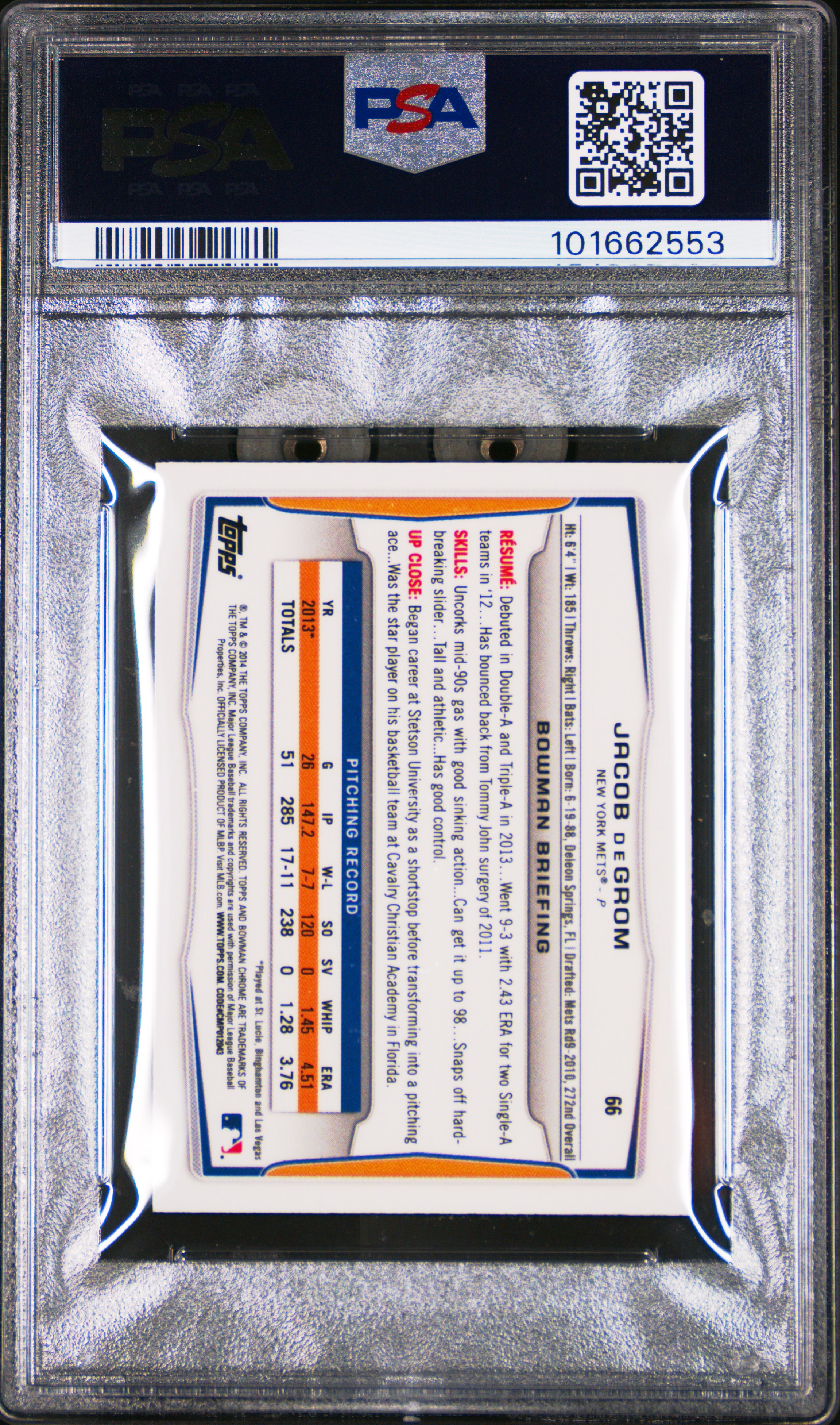 2014 Bowman Chrome Mini Jacob Degrom #66 (Mini-Black Shimmer Ref.) Mint 9 back