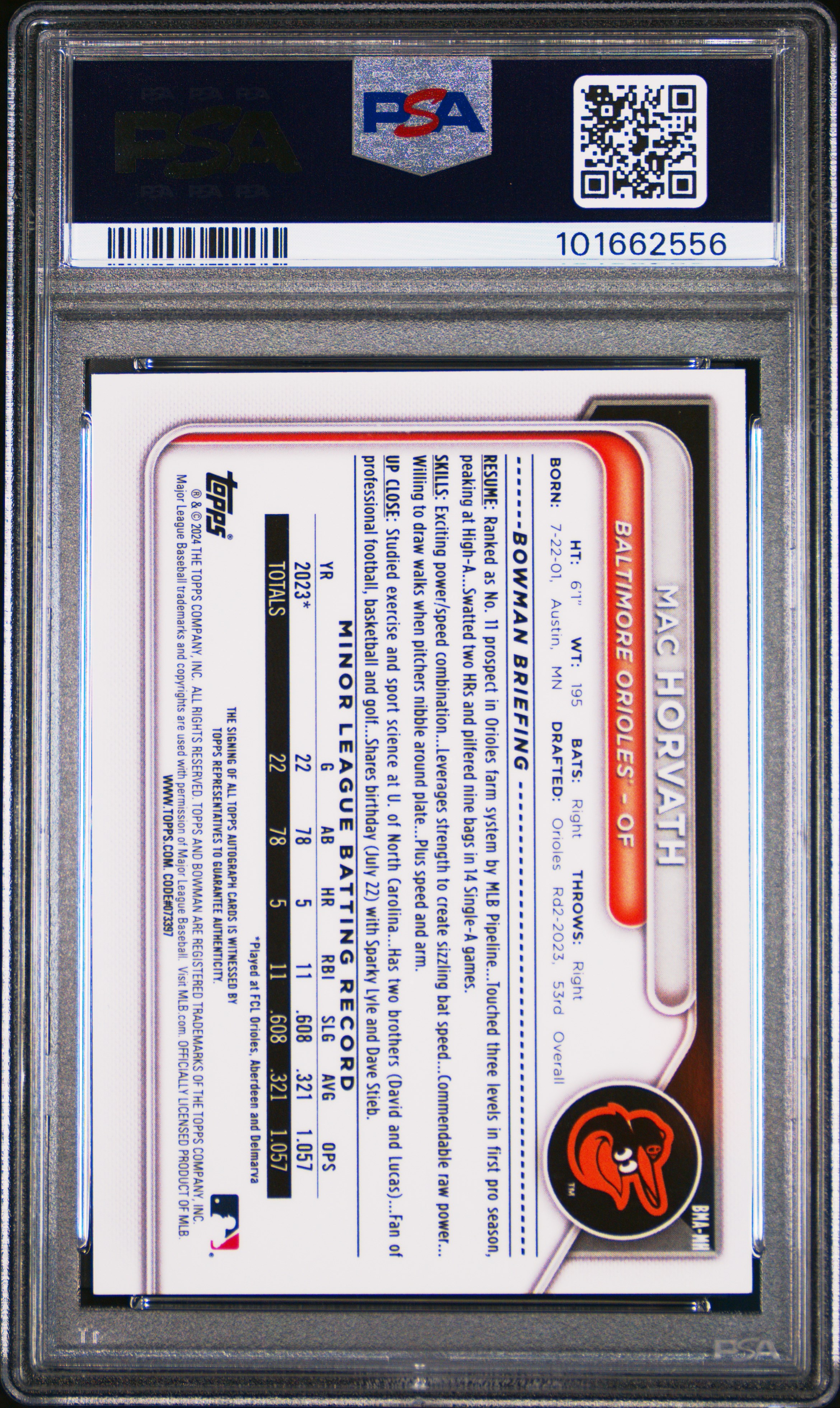 2024 Bowman Mega Box Chrome Bowman Prospect Mega Autographs Mac Horvath #Mh (Chrome-Prospect Autograph) Gem Mt 10 back