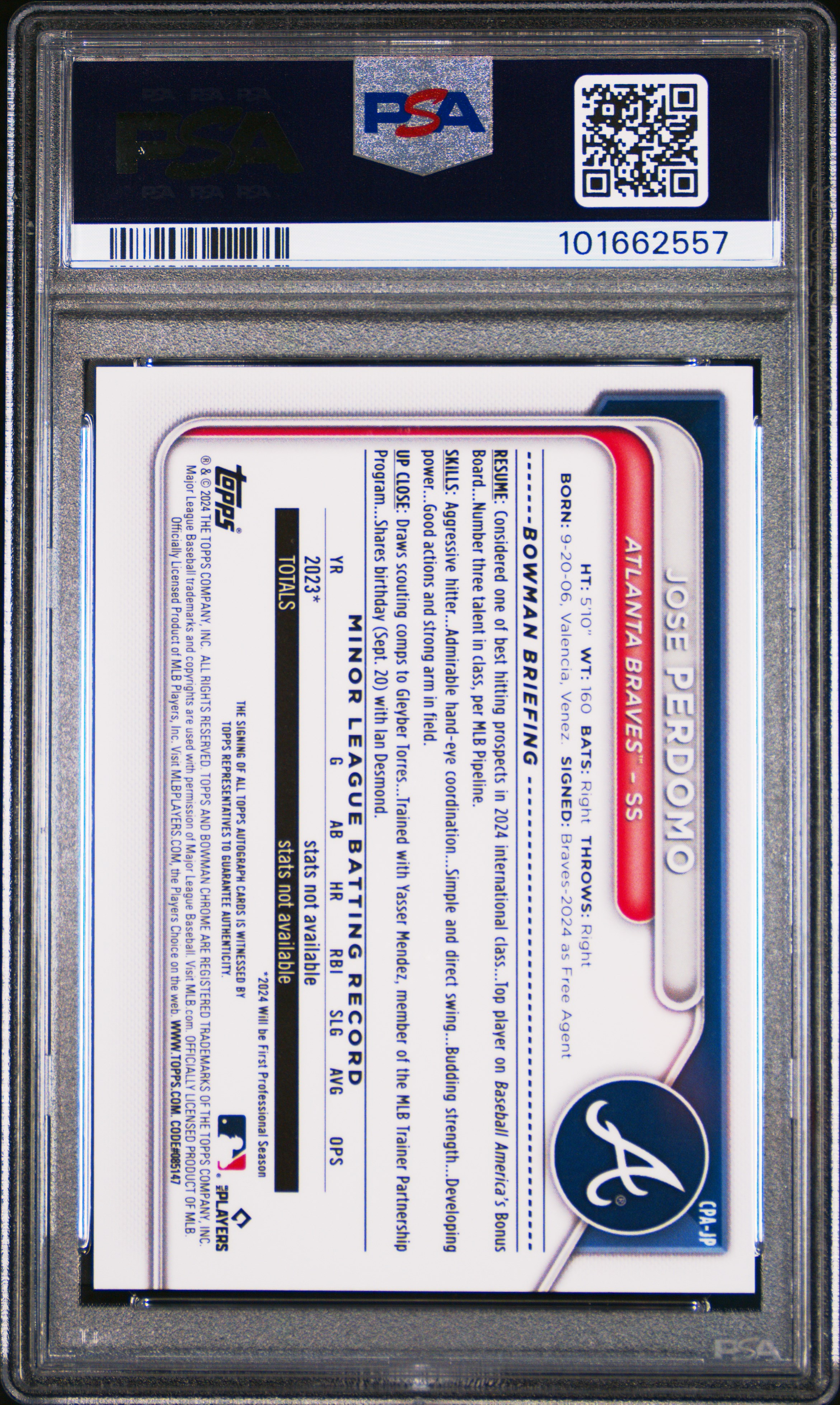 2024 Bowman Chrome Prospect Autographs Jose Perdomo #Cpajp (Prospect Autograph) Gem Mt 10 back