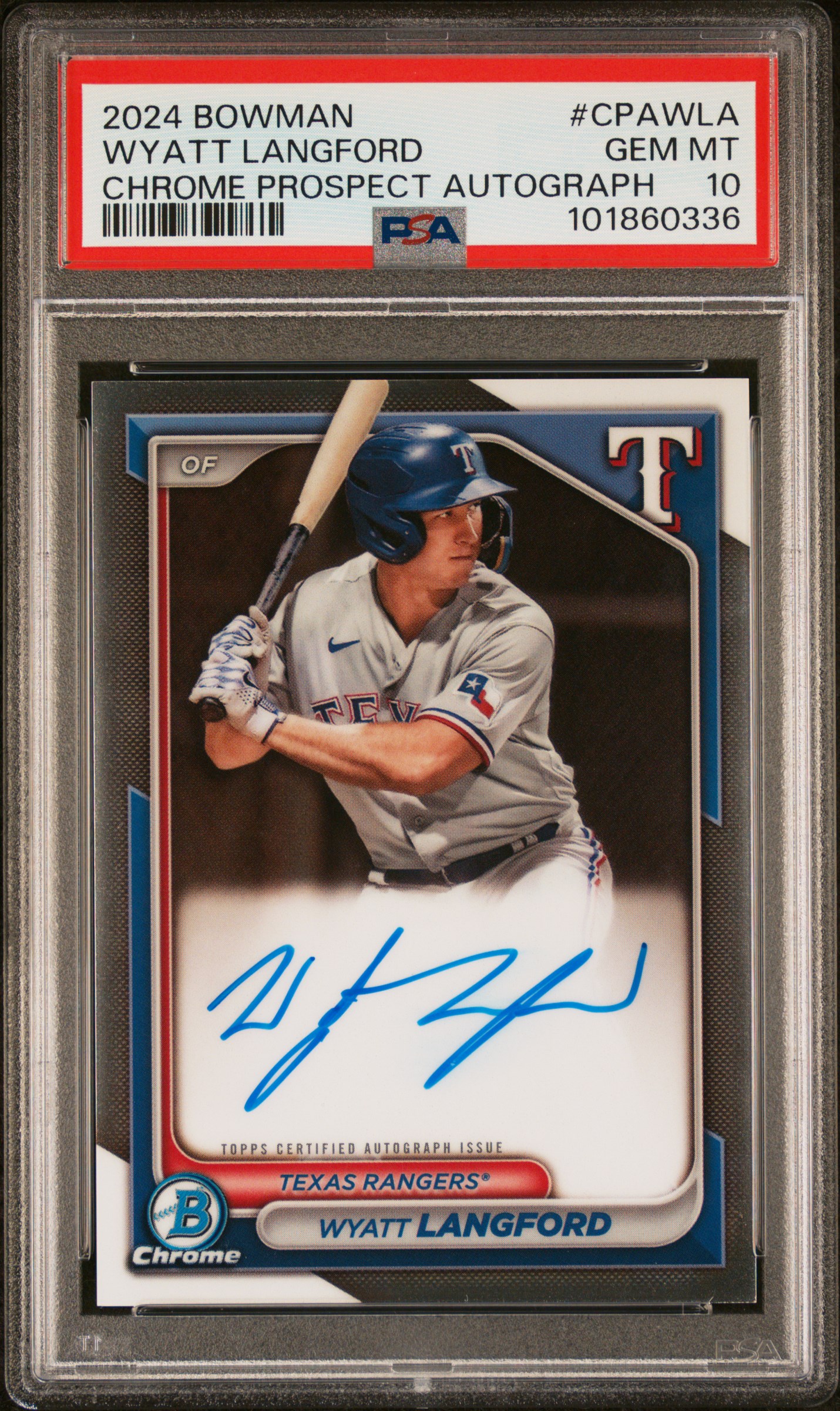 2024 Bowman Chrome Prospect Autographs Wyatt Langford #Cpawla Gem Mt 10 front