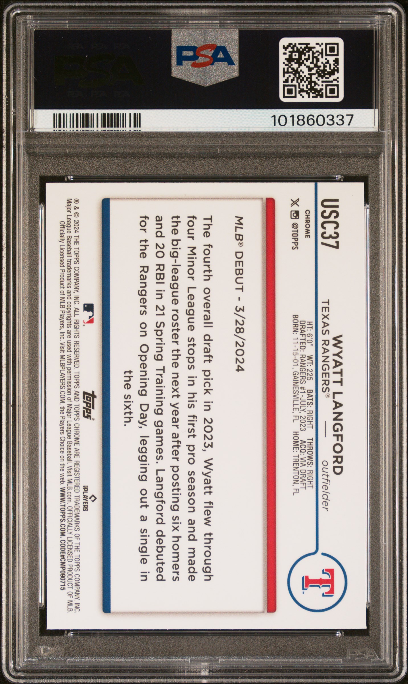 2024 Topps Chrome Update Wyatt Langford #Usc37 (Blue/Green Lava Lamp) Gem Mt 10 back