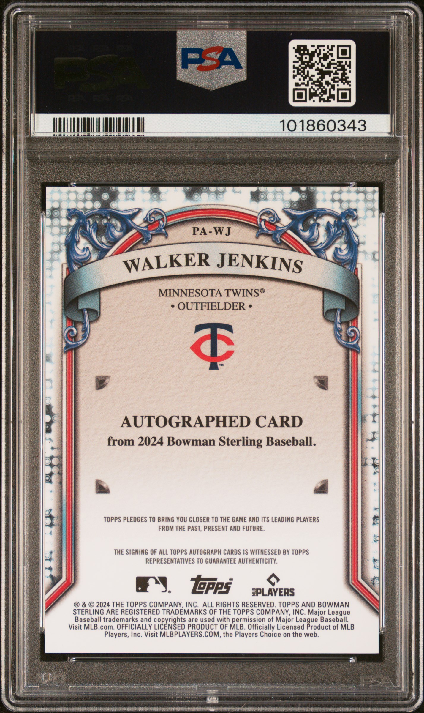 2024 Bowman Sterling Prospect Autographs Walker Jenkins #Pawj Gem Mt 10 back