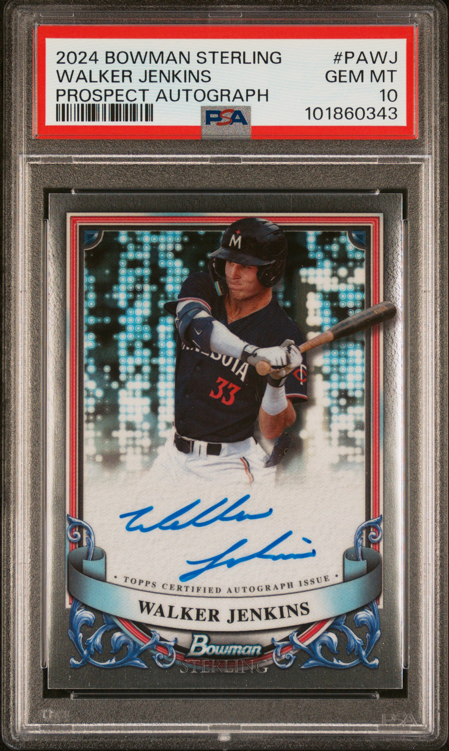 2024 Bowman Sterling Prospect Autographs Walker Jenkins #Pawj Gem Mt 10 front