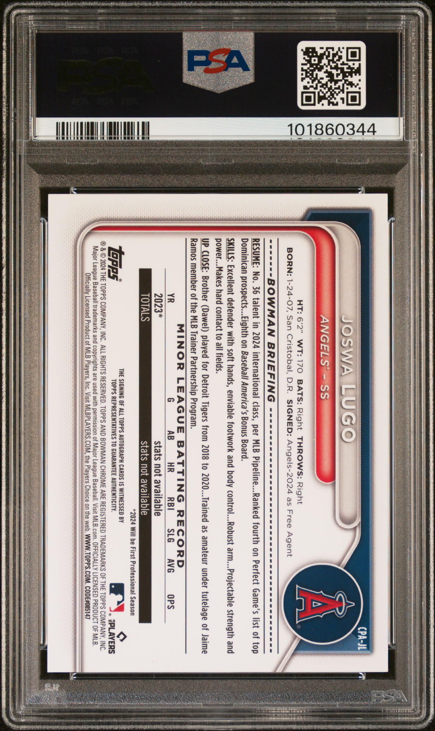 2024 Bowman Chrome Prospect Autographs Joswa Lugo #Cpajl (Prospect Auto-Purple Ref) Mint 9 back