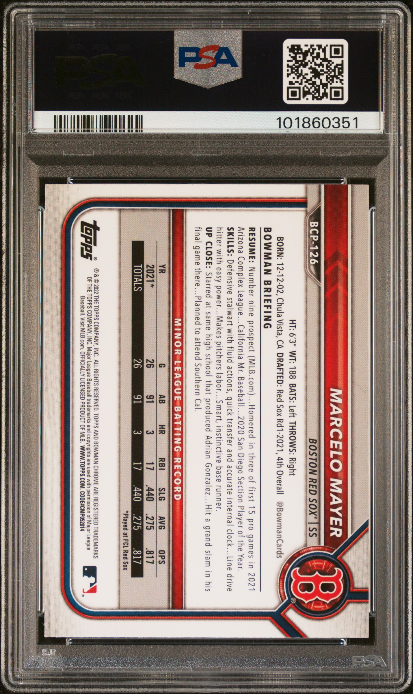 2022 Bowman Mega Box Chrome Marcelo Mayer #126 (Chrome) Gem Mt 10 back