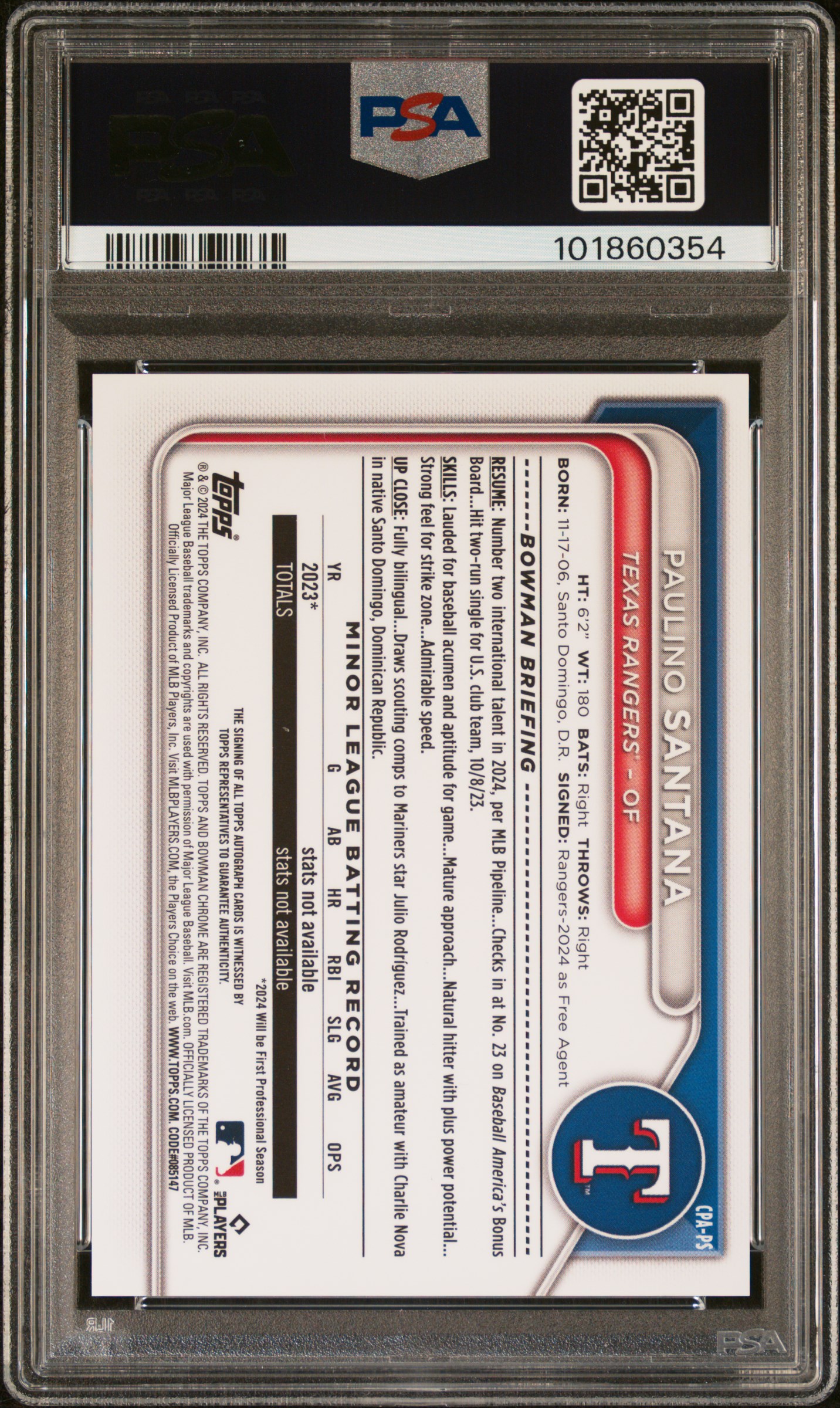 2024 Bowman Chrome Prospect Autographs Paulino Santana #Cpaps (Prospect Autograph) Gem Mt 10 back