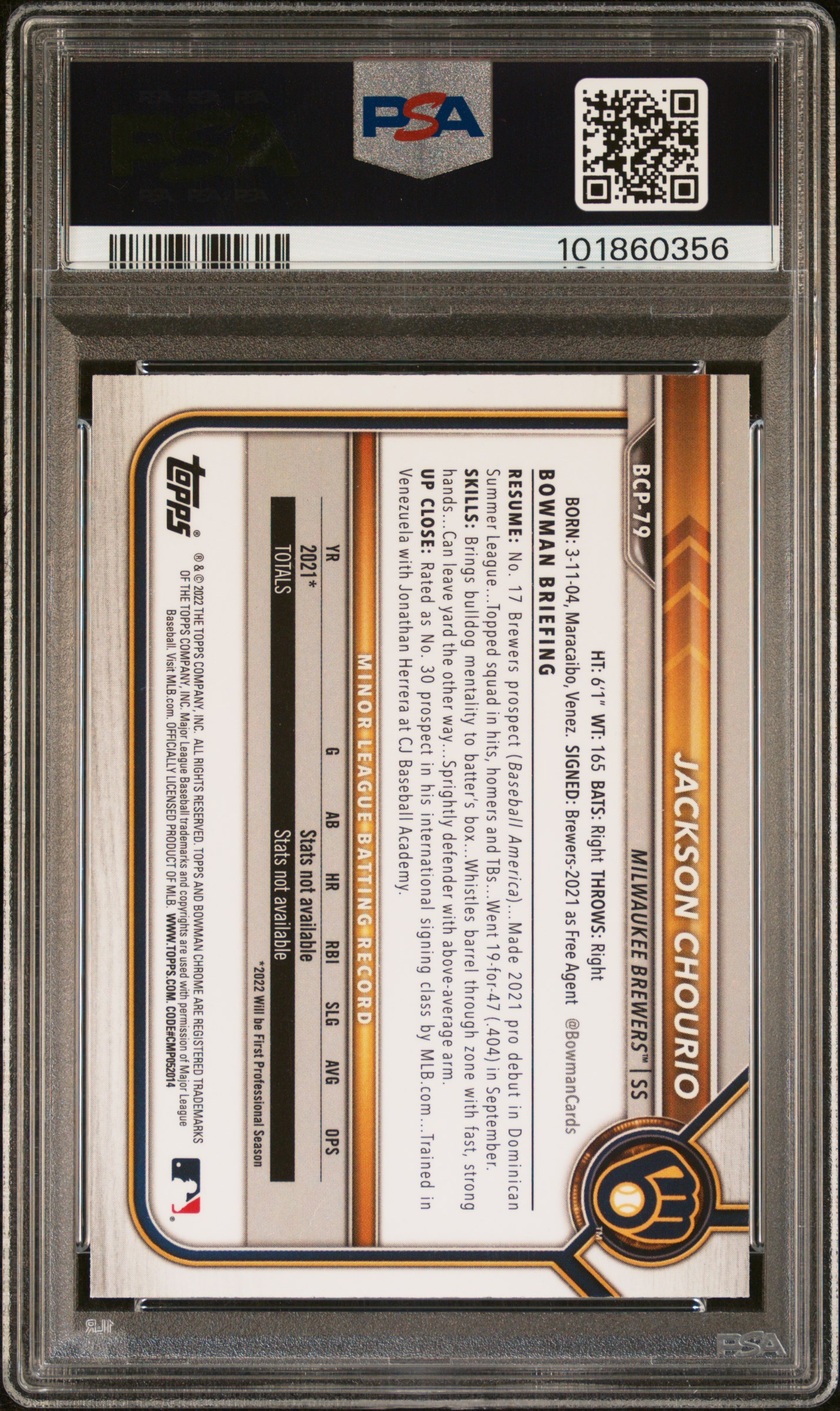 2022 Bowman Mega Box Chrome Jackson Chourio #79 (Chrome) Gem Mt 10 back