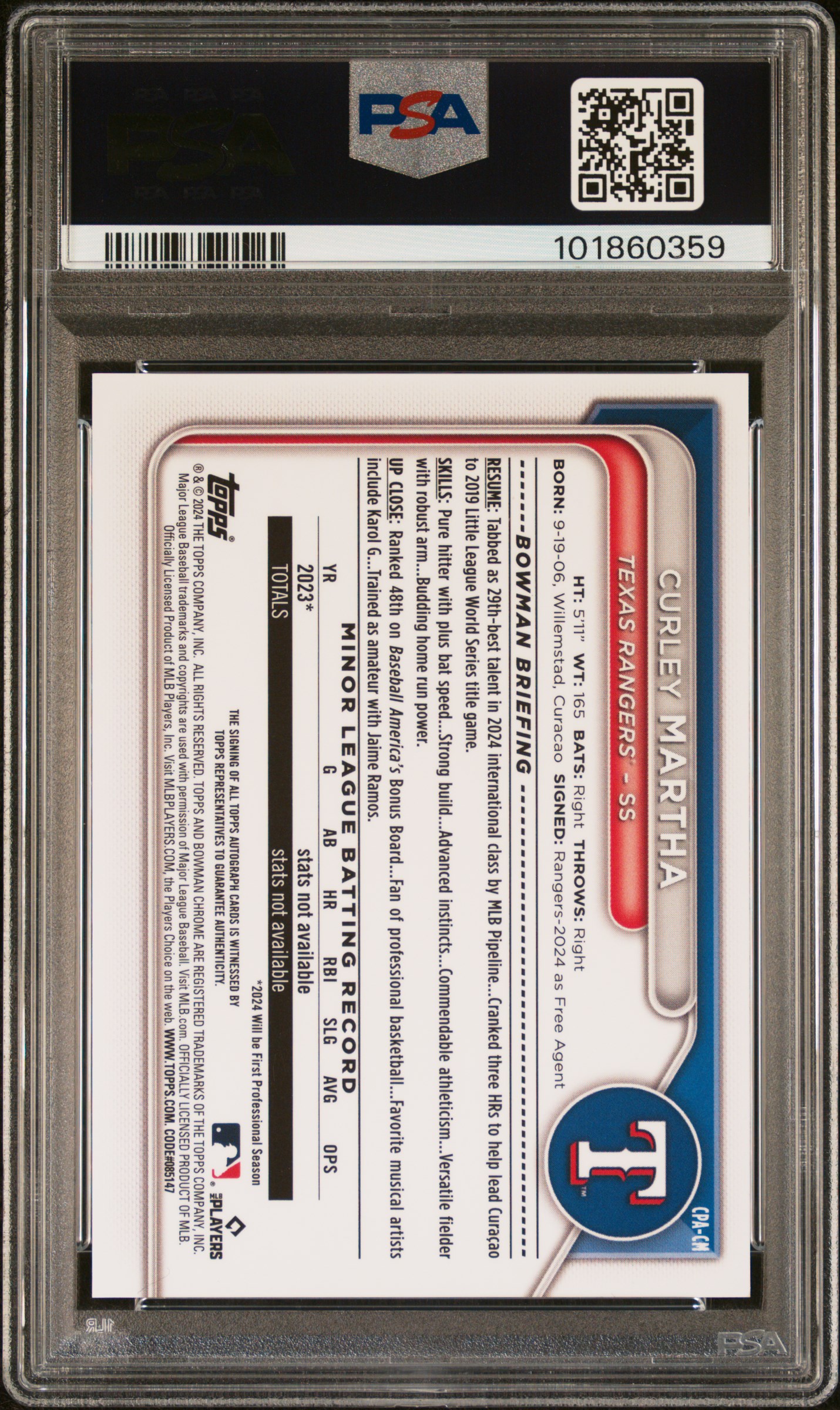 2024 Bowman Chrome Prospect Autographs Curley Martha #Cpacm (Prospect Auto-Speckle Ref) Mint 9 back