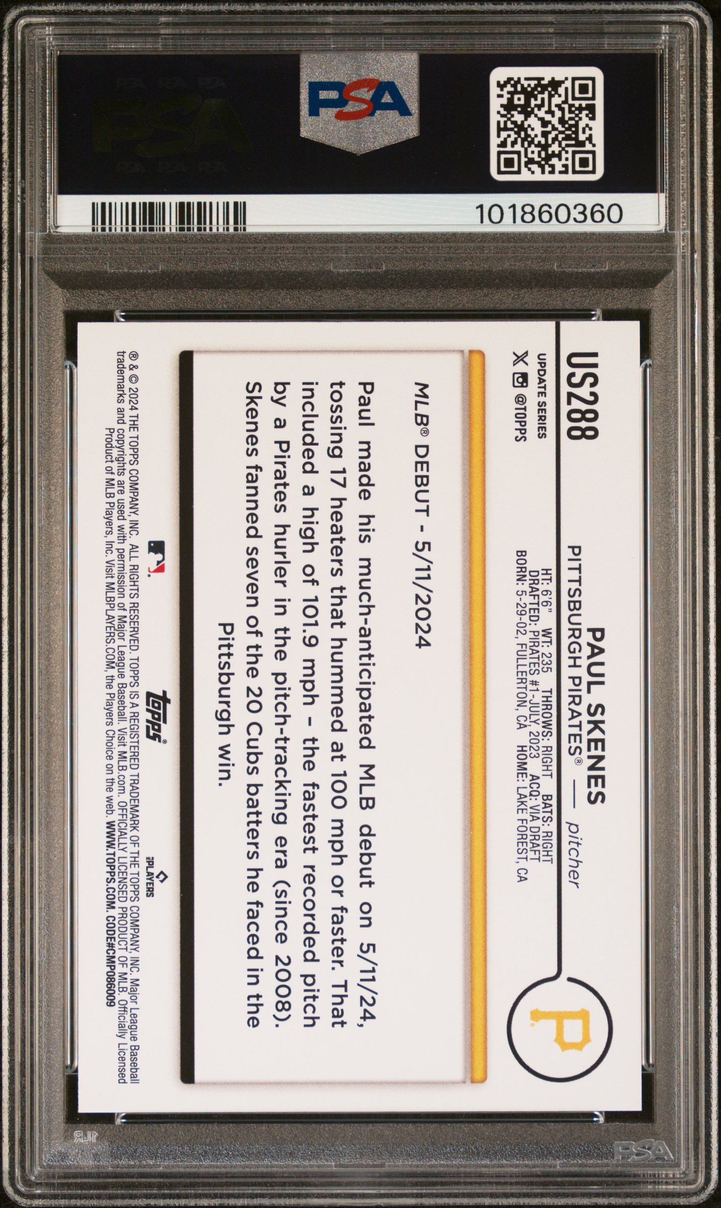 2024 Topps Update Paul Skenes #Us288 Gem Mt 10 back