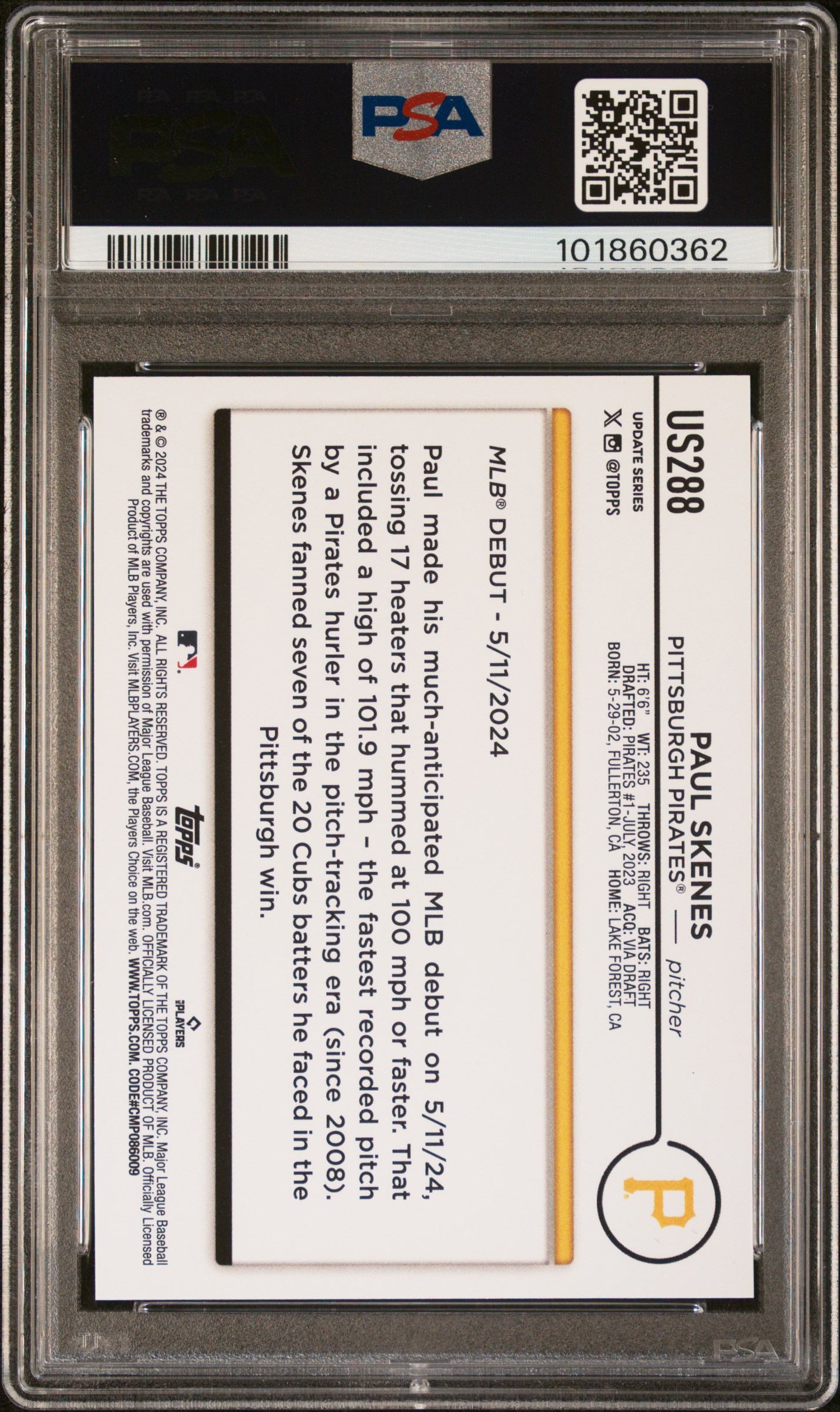 2024 Topps Update Paul Skenes #Us288 (Royal Blue) Gem Mt 10 back