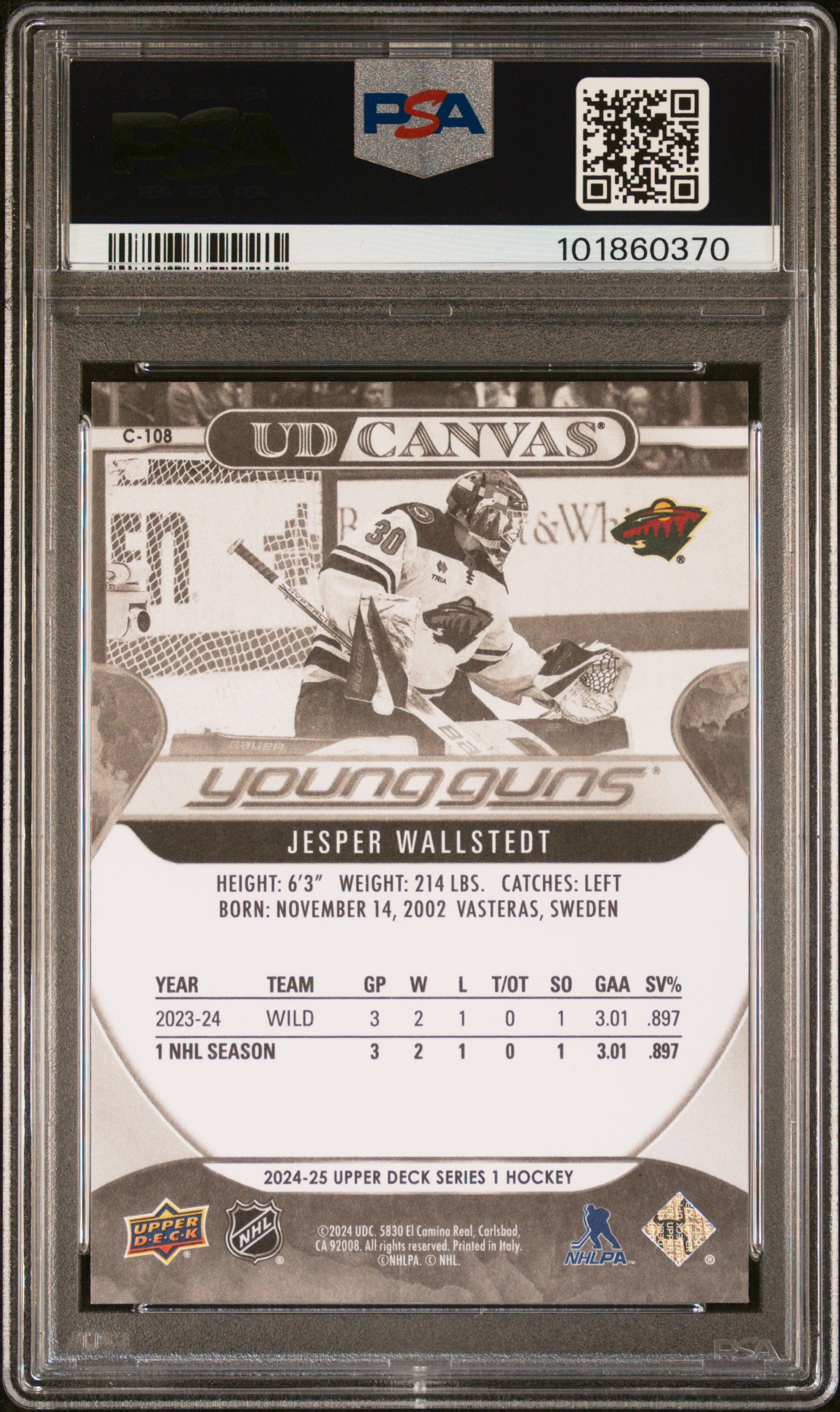 2024 Upper Deck Ud Canvas Jesper Wallstedt #C108 (Ud Canvas-Black & White) Gem Mt 10 back