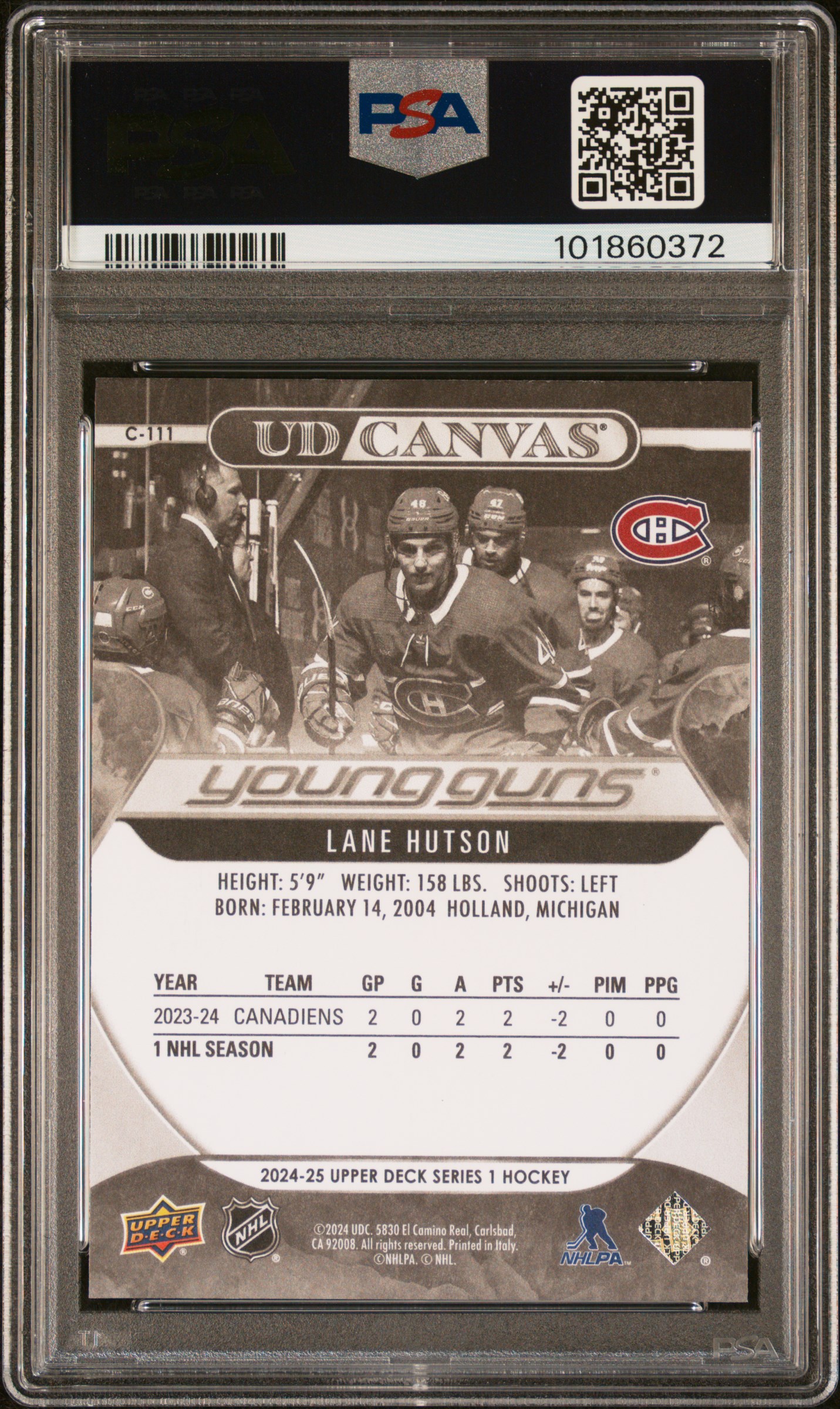 2024 Upper Deck Ud Canvas Lane Hutson #C111 (Ud Canvas-Black & White) Gem Mt 10 back
