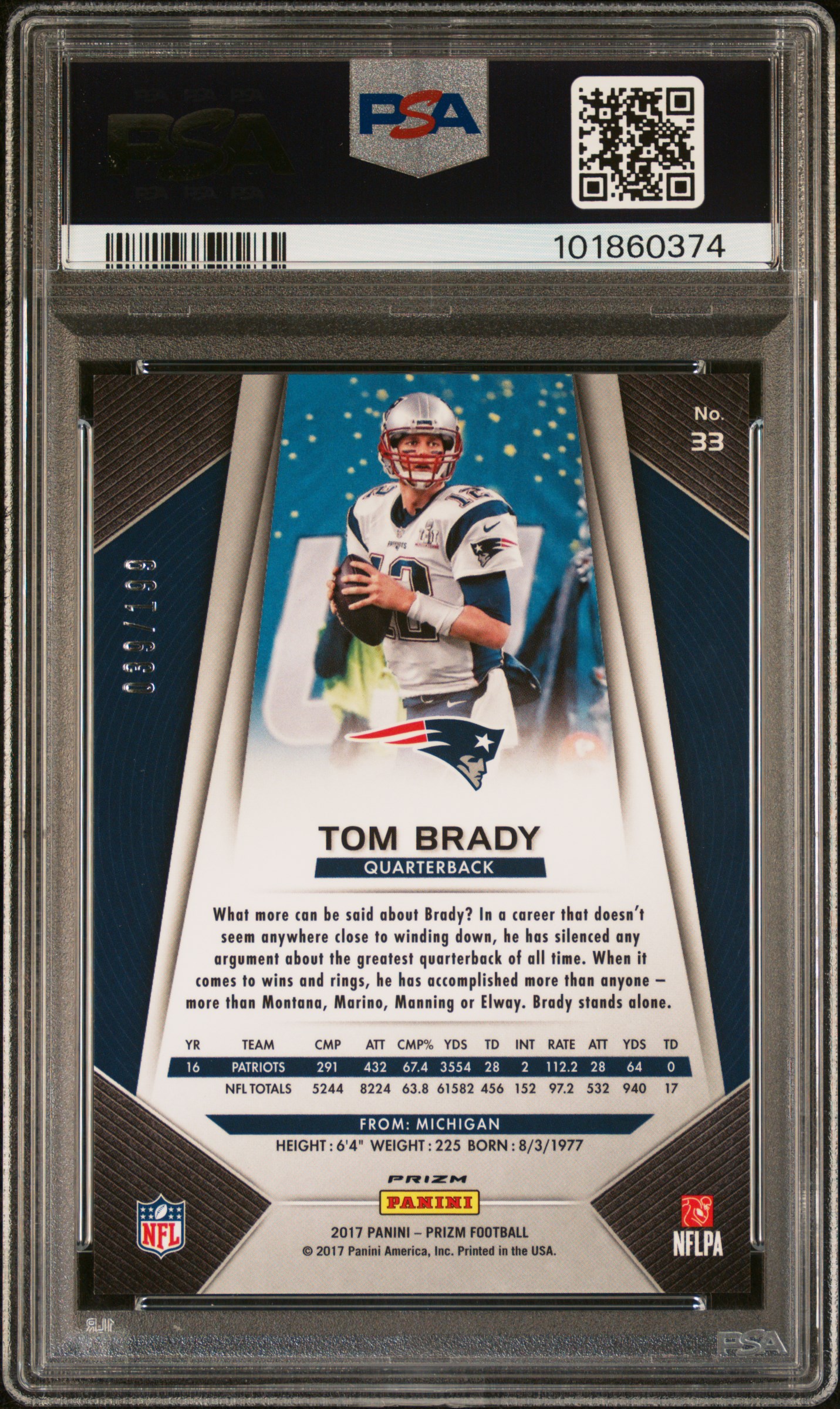 2017 Panini Prizm Tom Brady #33 (Light Blue Prizm) Gem Mt 10 back