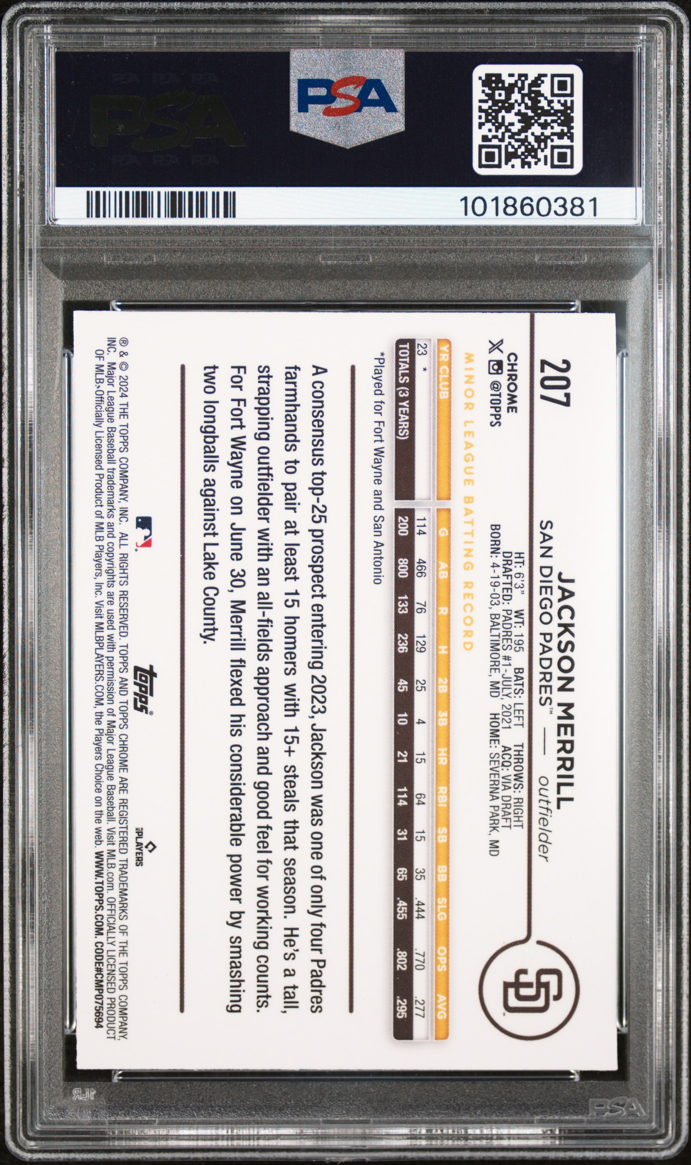 2024 Topps Chrome Jackson Merrill #207 Mint 9 back