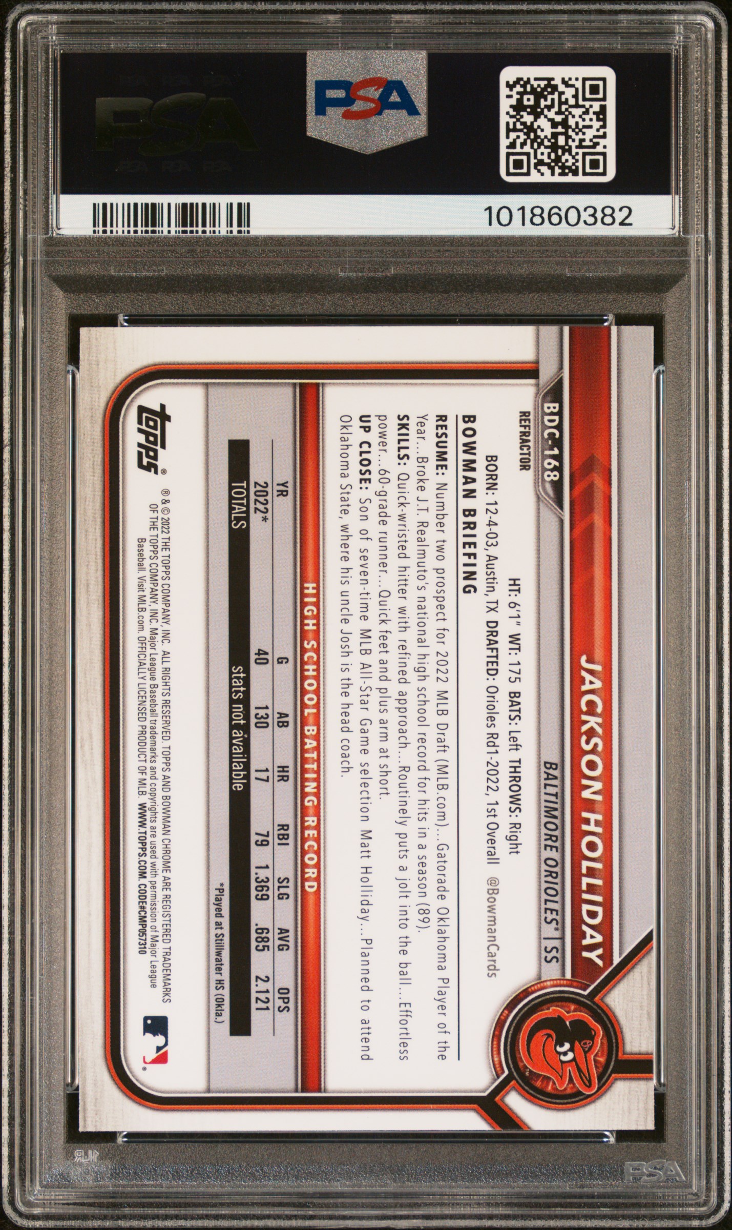 2022 Bowman Draft Jackson Holliday #Bdc168 (Chrome-Refractor) Nm-Mt 8 back