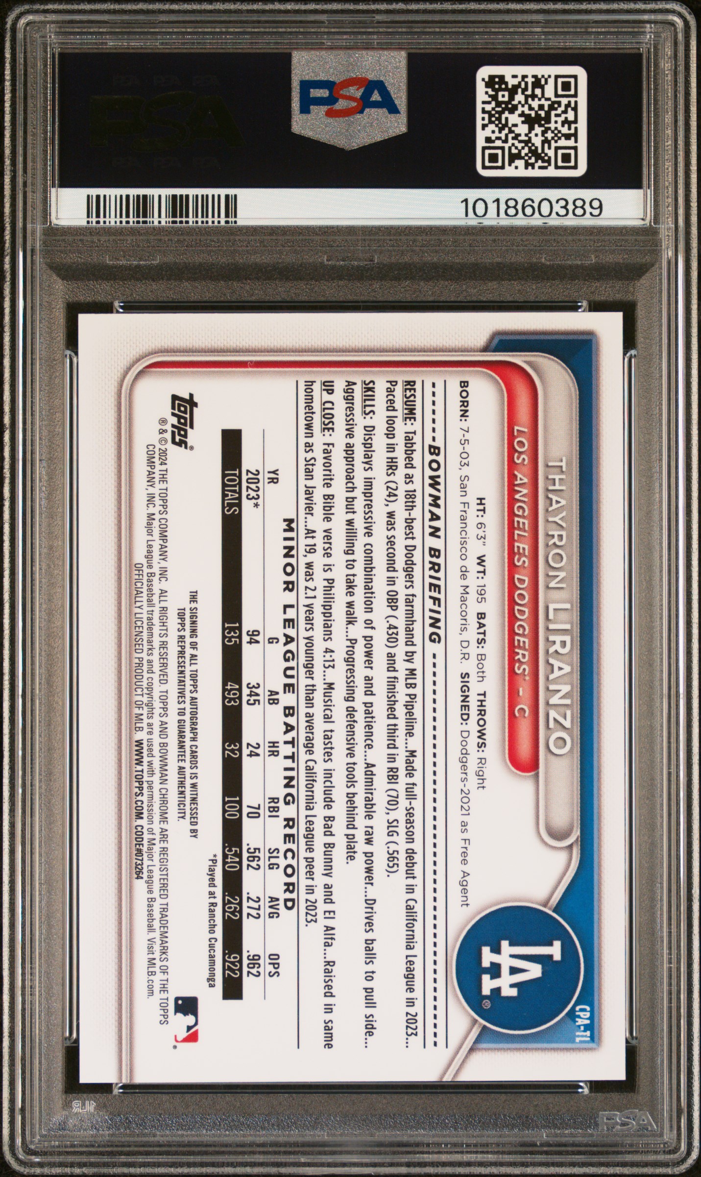 2024 Bowman Chrome Prospect Autographs Thayron Liranzo #Cpatl (Prospect Autograph) Gem Mt 10 back