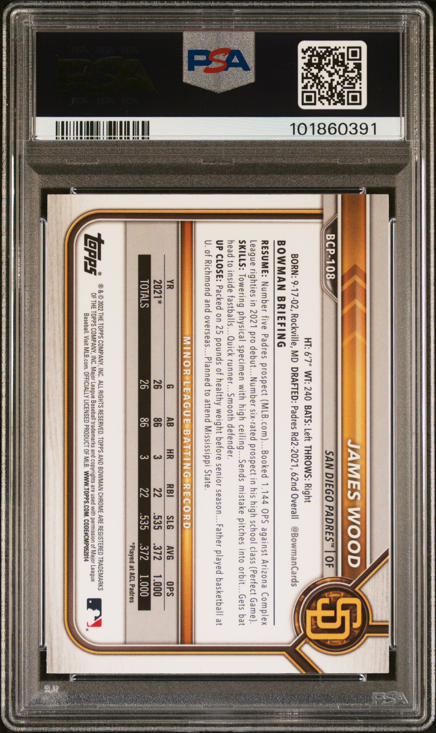 2022 Bowman Mega Box Chrome James Wood #108 (Chrome) Mint 9 back