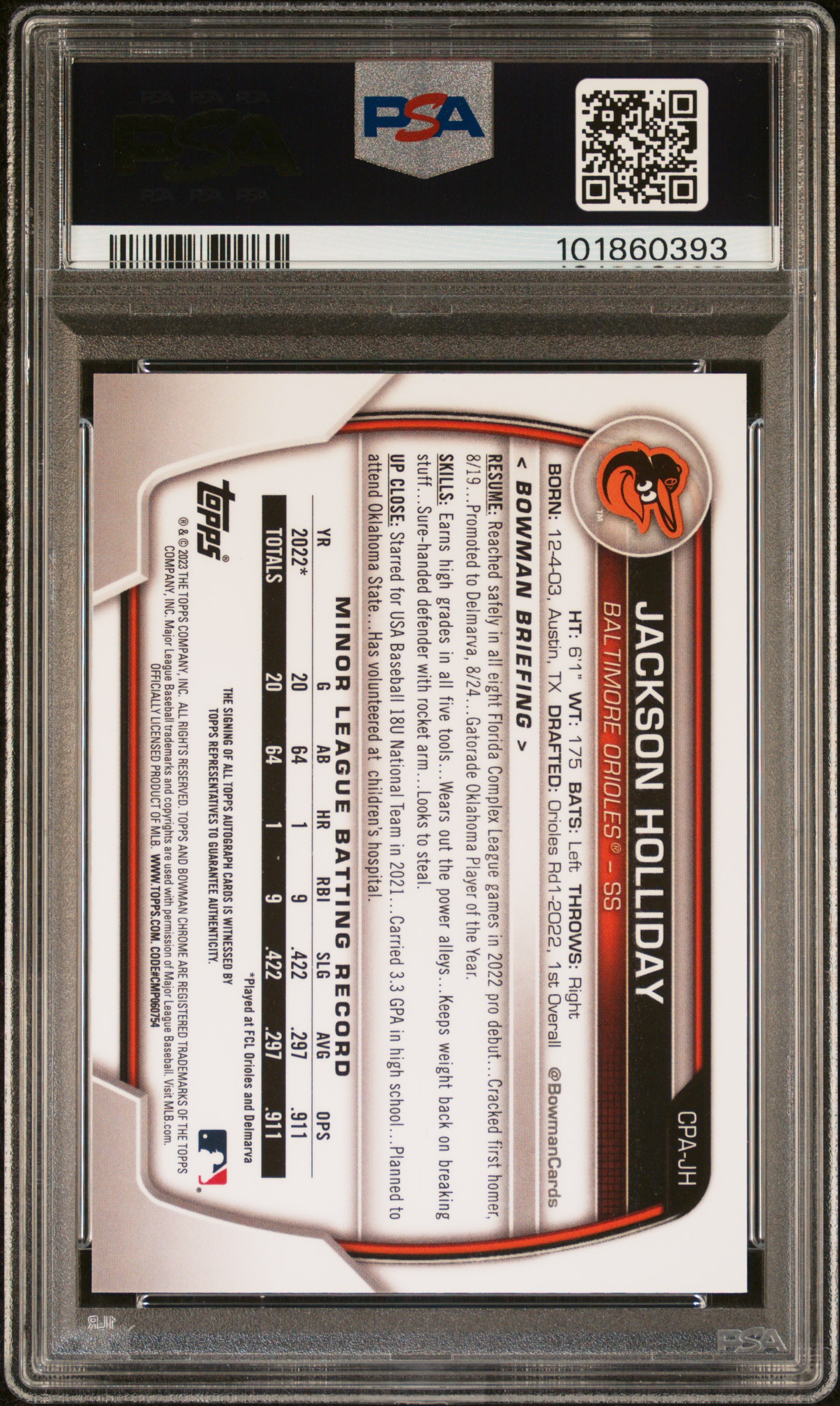 2023 Bowman Chrome Prospect Autographs Jackson Holliday #Cpajh (Chrome Prospect Auto) Gem Mt 10 back