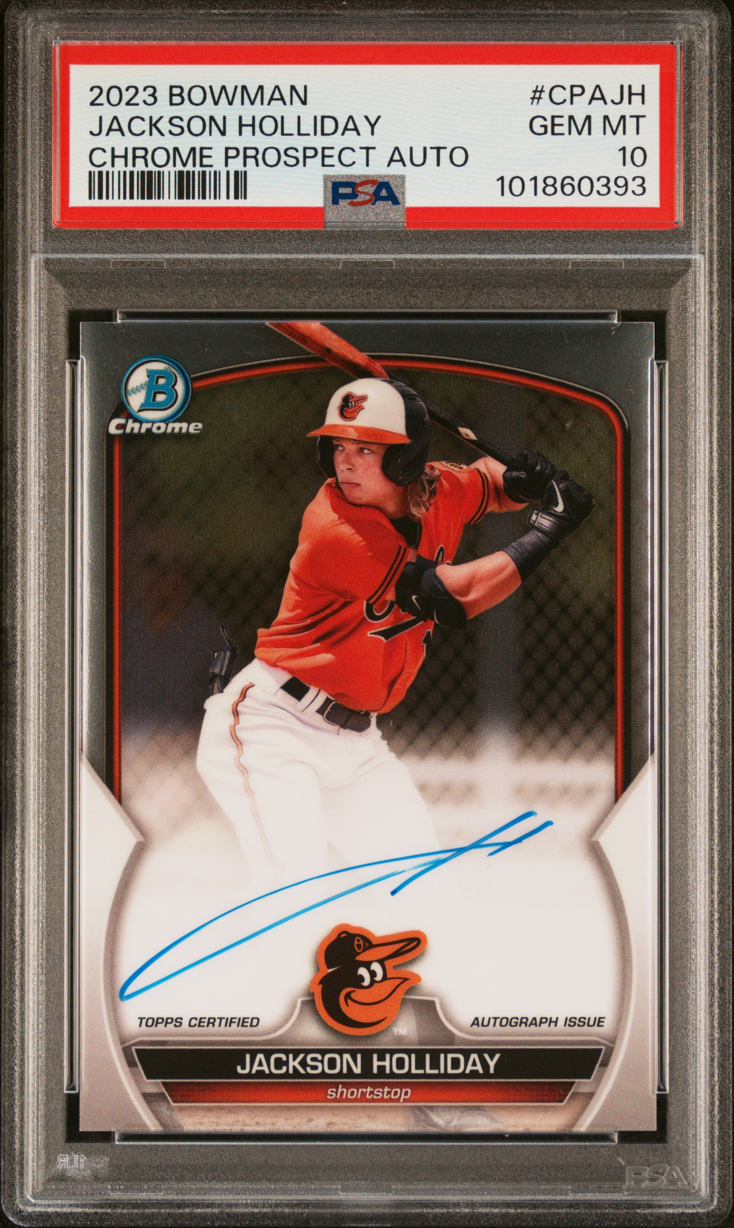 2023 Bowman Chrome Prospect Autographs Jackson Holliday #Cpajh (Chrome Prospect Auto) Gem Mt 10 front