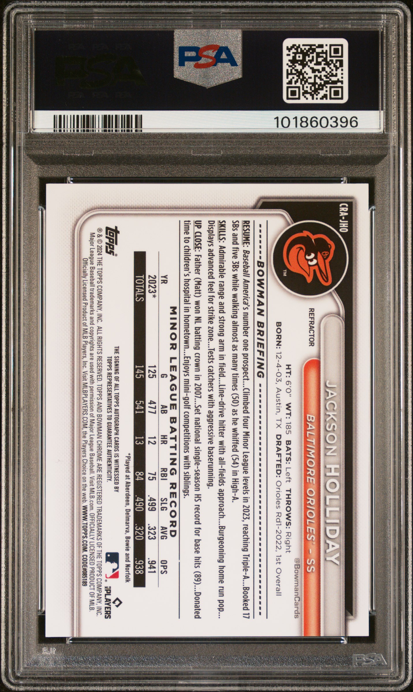 2024 Bowman Chrome Chrome Rookie Autographs Jackson Holliday #Crajho (Rookie Auto-Refractor) Mint 9 back