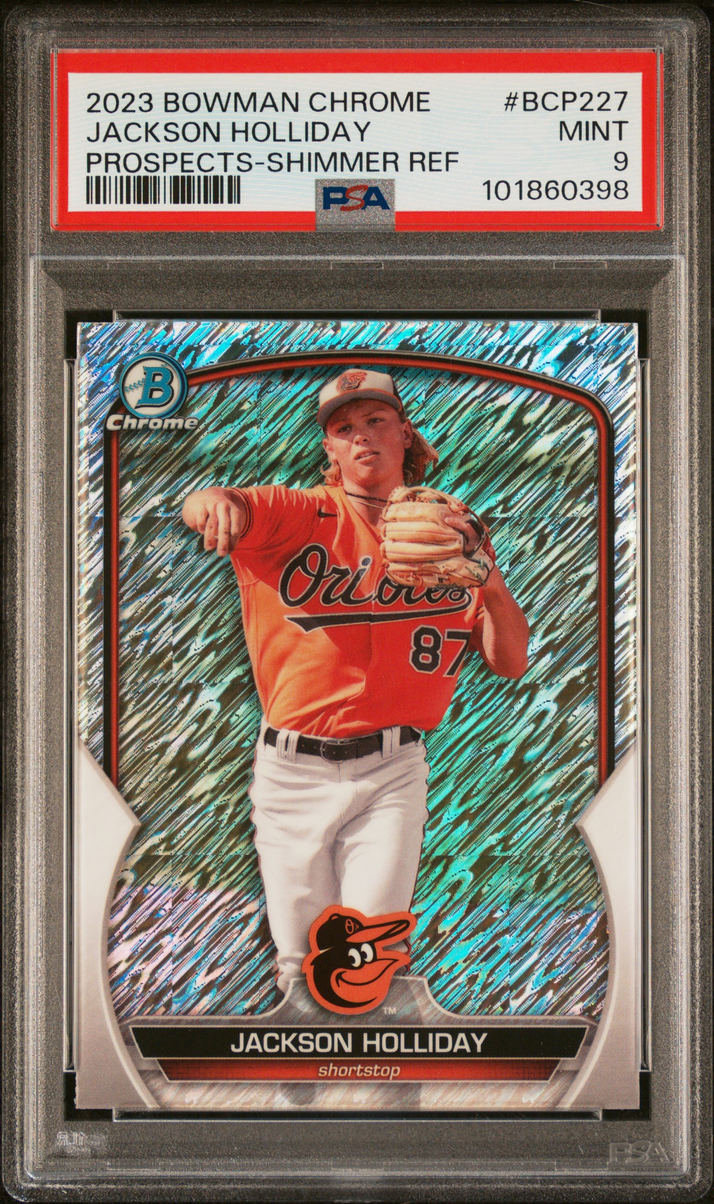 2023 Bowman Chrome Prospects Jackson Holliday #Bcp227 (Prospects-Shimmer Ref) Mint 9 front