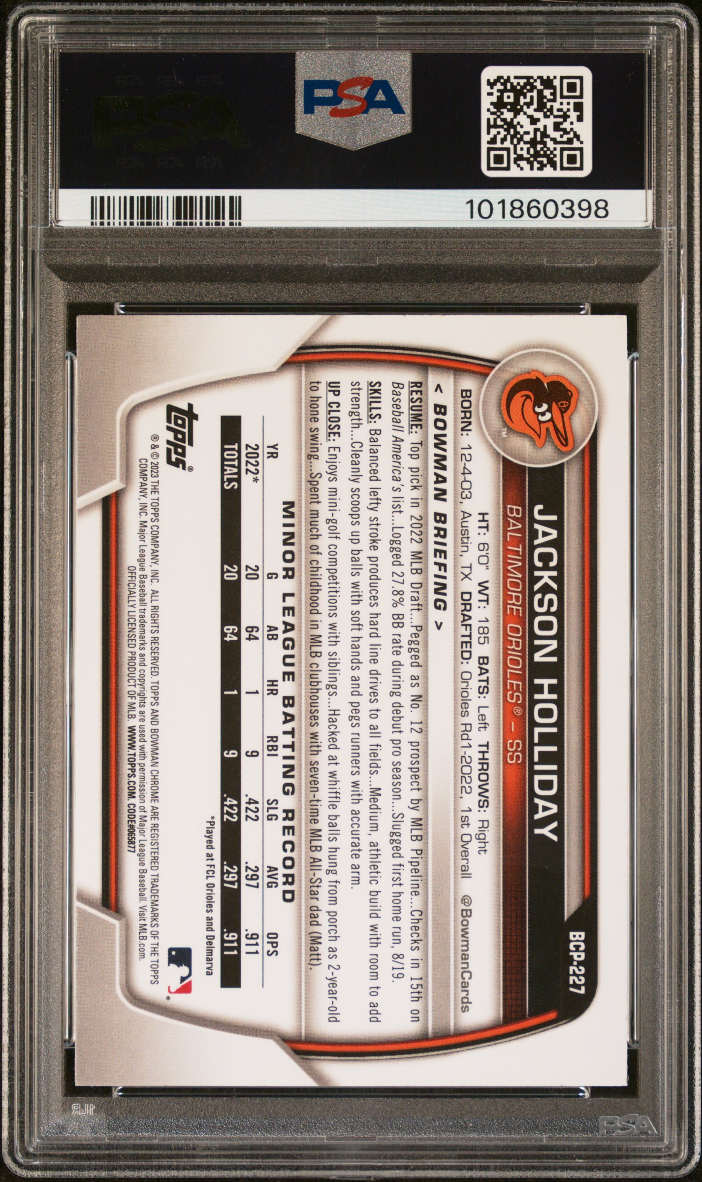 2023 Bowman Chrome Prospects Jackson Holliday #Bcp227 (Prospects-Shimmer Ref) Mint 9 back