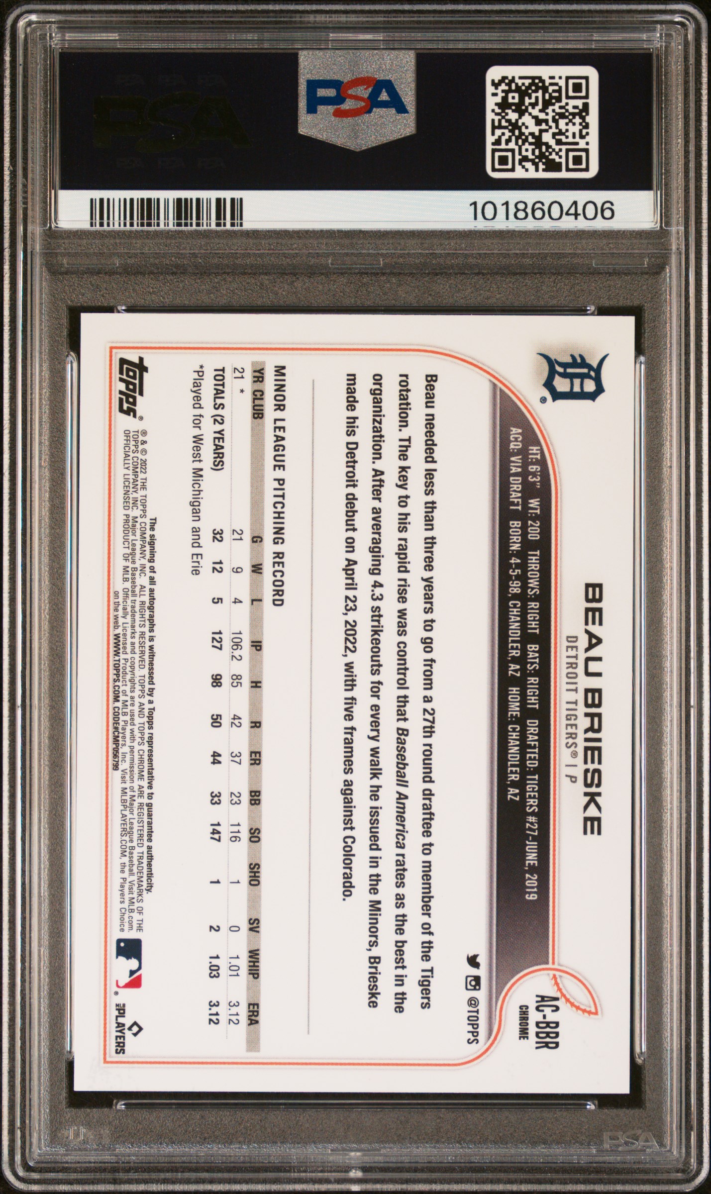 2022 Topps Chrome Update Autographs Beau Brieske #Acbbr (Autographs) Mint 9 back