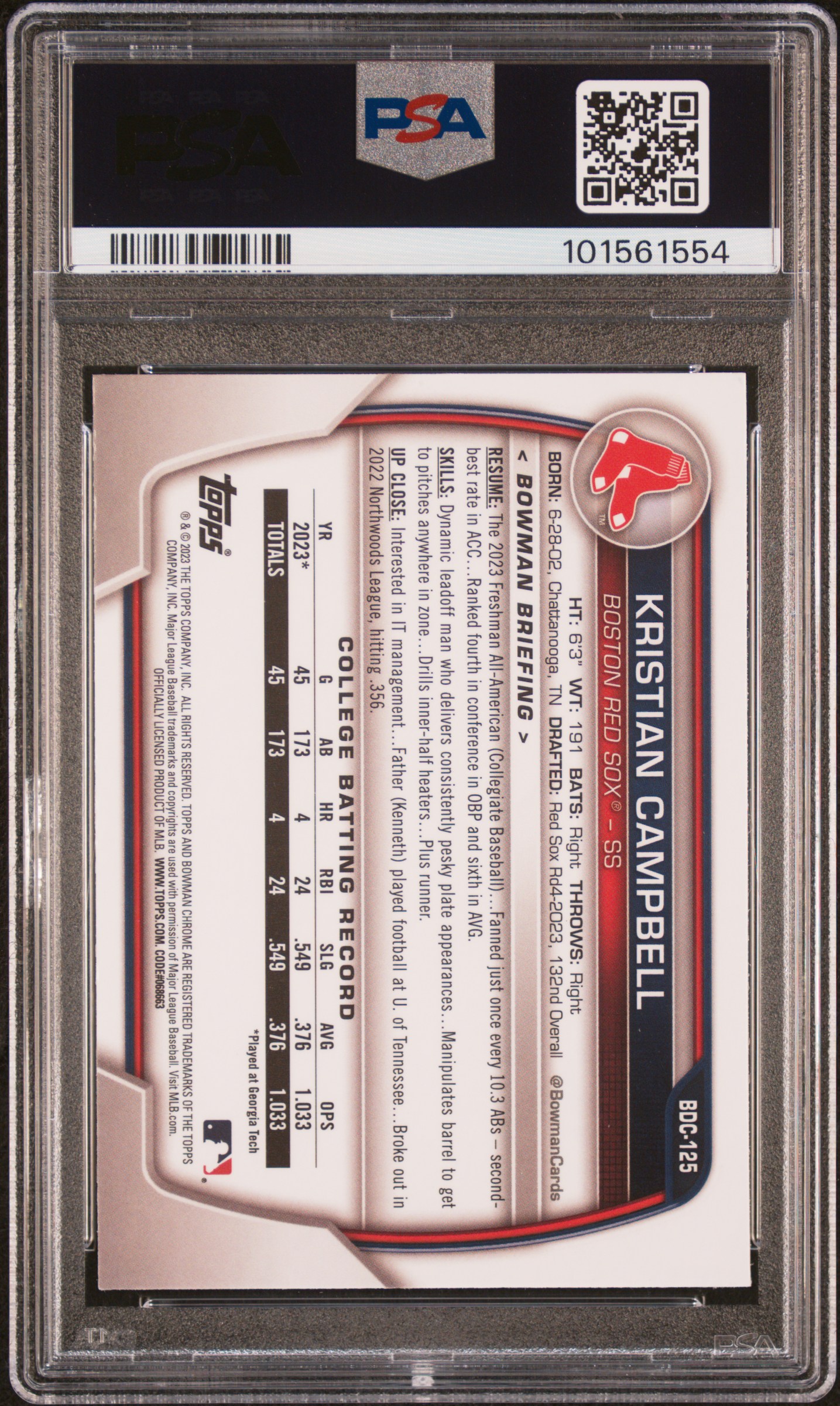 2023 Bowman Draft Kristian Campbell #Bdc125 (Chrome-Sparkle Refractor) Mint 9 back