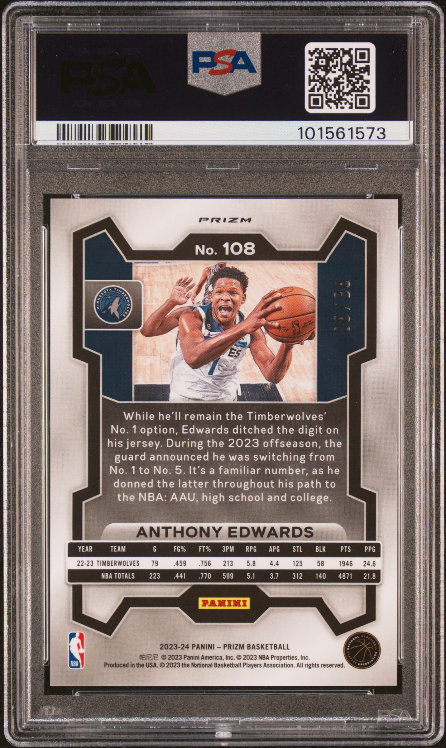 2023 Panini Prizm Anthony Edwards #108 (White Wave) Mint 9 back