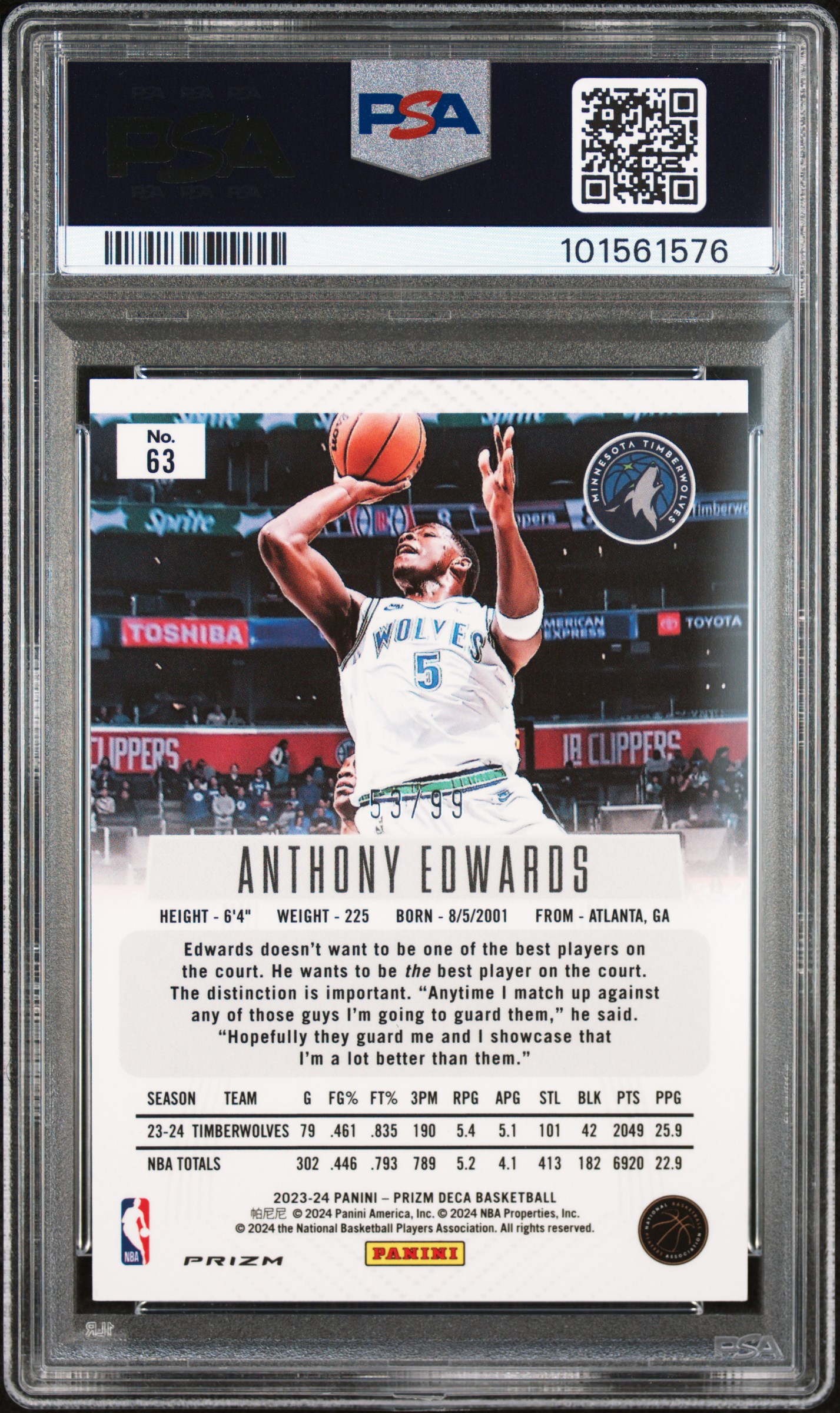 2023 Panini Prizm Deca Anthony Edwards #63 (Purple Prizm) Nm-Mt 8 back