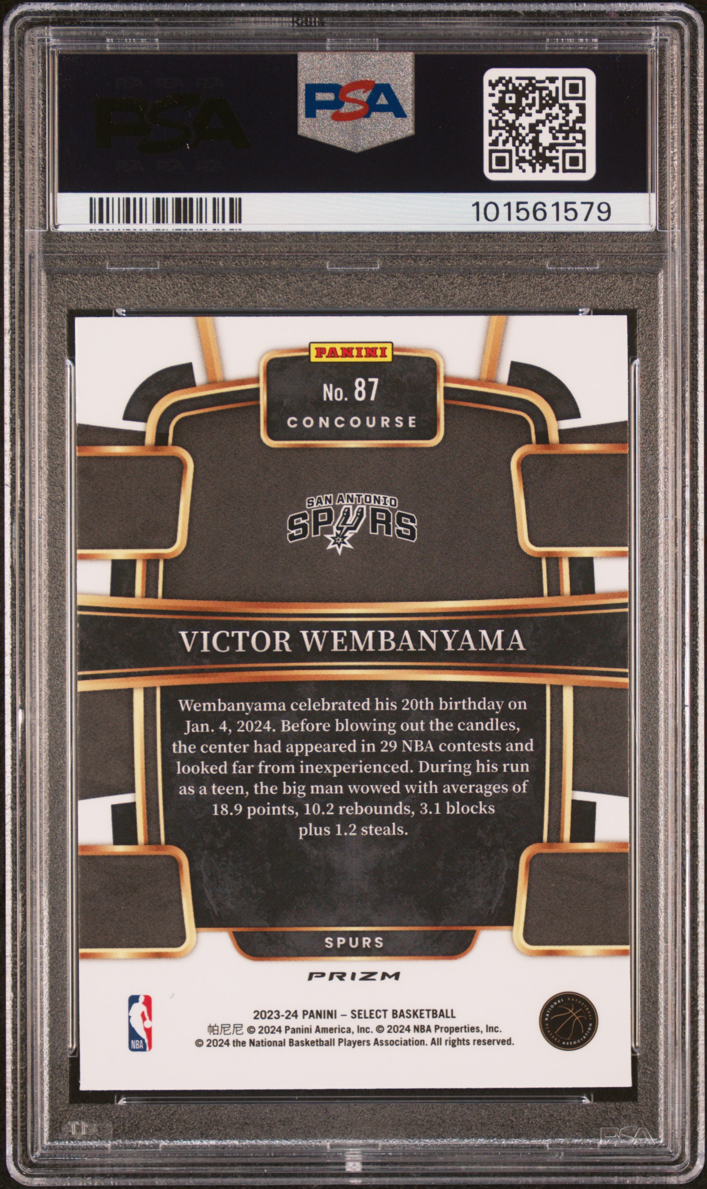 2023 Panini Select Victor Wembanyama #87 (Blue Cracked Ice) Gem Mt 10 back