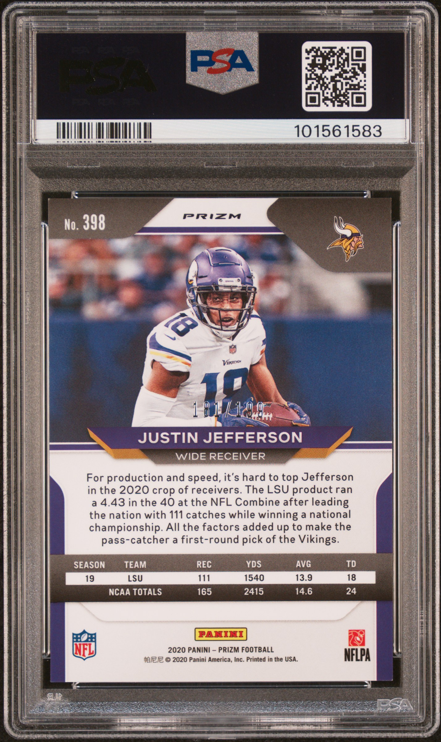 2020 Panini Prizm Justin Jefferson #398 (Blue Wave) Mint 9 back