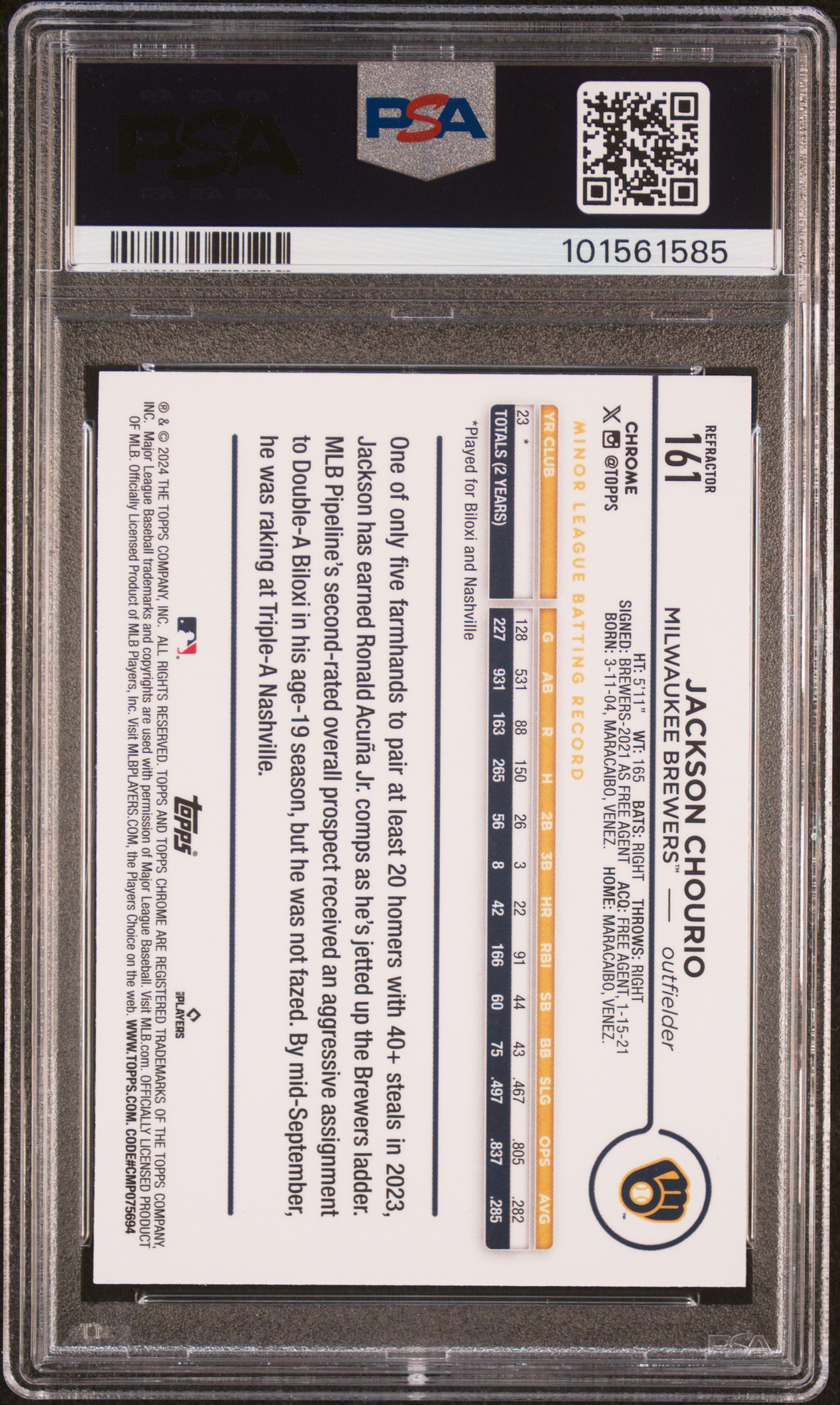 2024 Topps Chrome Jackson Chourio #161 (Refractor) Mint 9 back