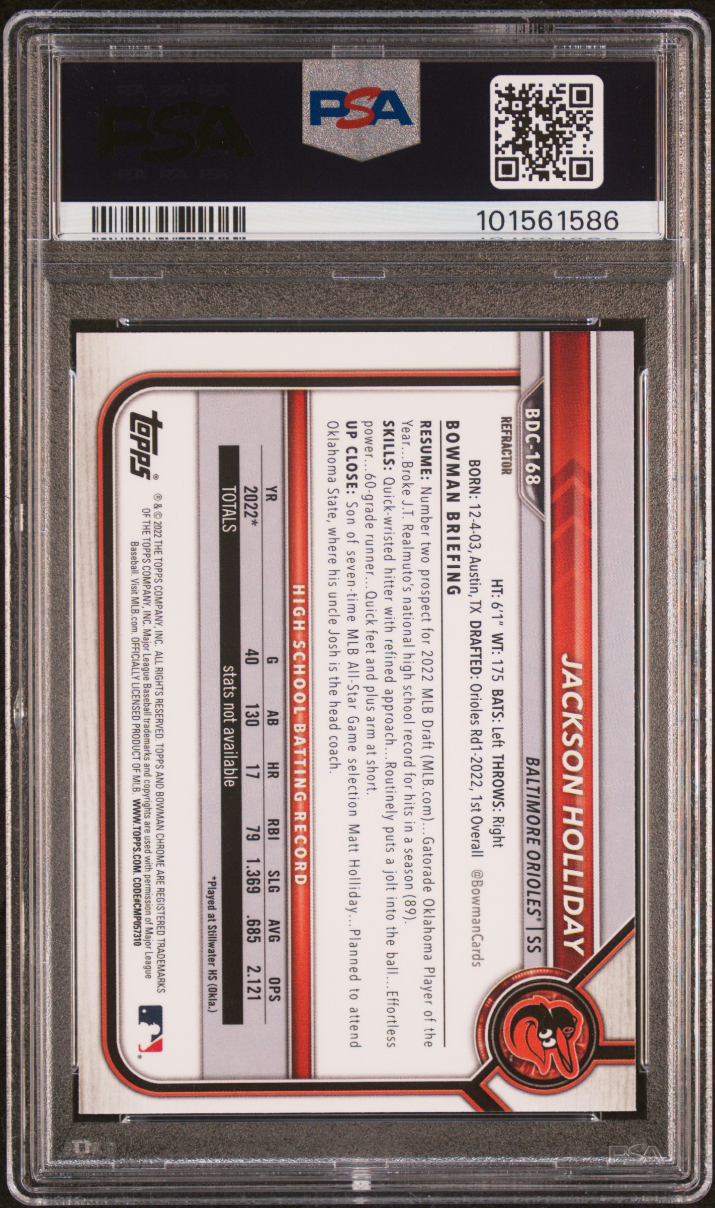 2022 Bowman Draft Jackson Holliday #Bdc168 (Chrome-Refractor) Nm 7 back