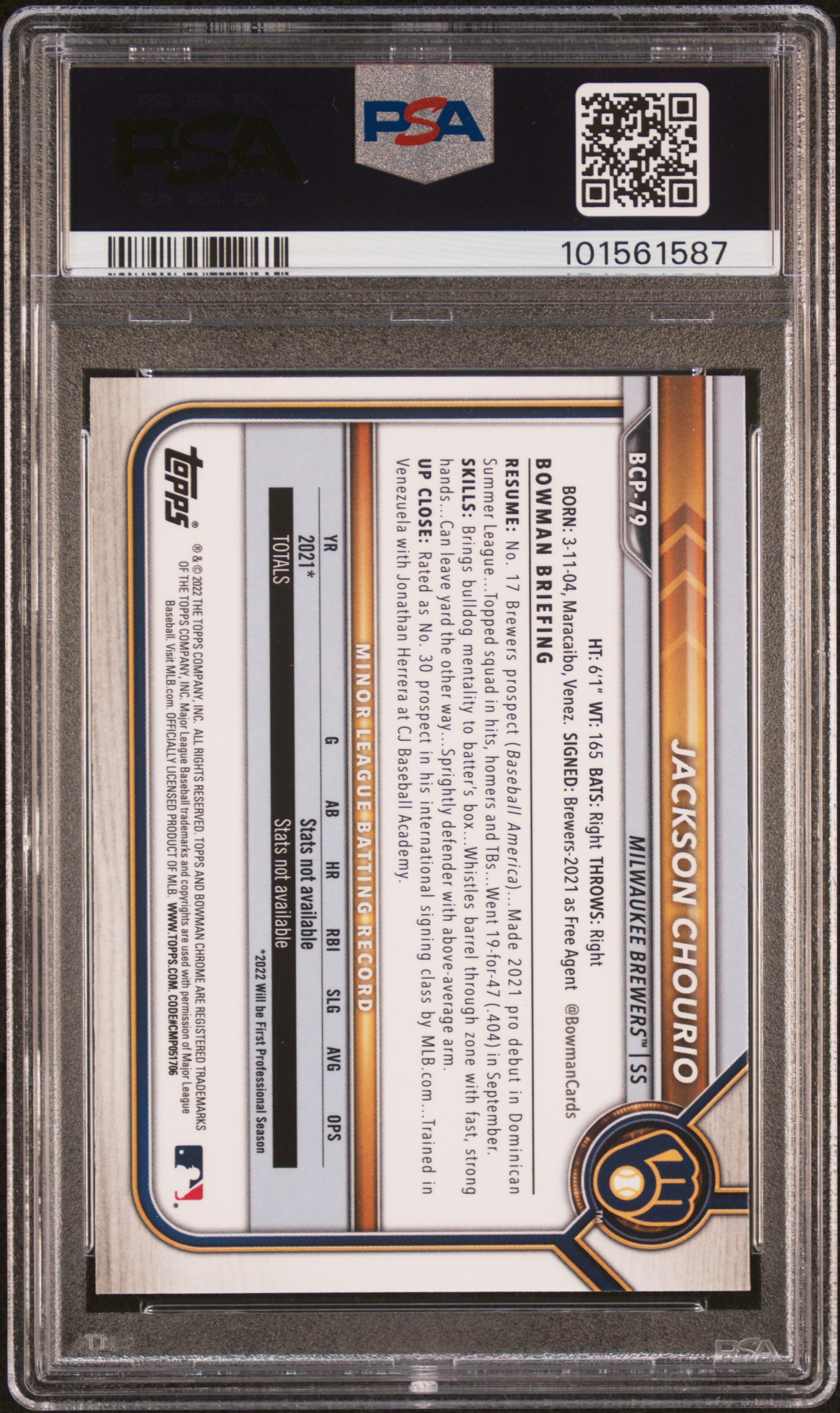 2022 Bowman Chrome Prospects Jackson Chourio #Bcp79 (Chrome Prospects) Mint 9 back